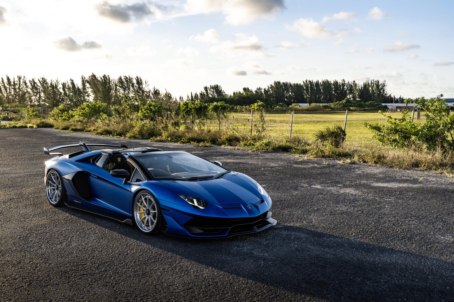 Blue Lamborghini sports car parked on a sunlit asphalt road with fields and trees, high-detail 8K Ultra HD PC desktop wallpaper and background.