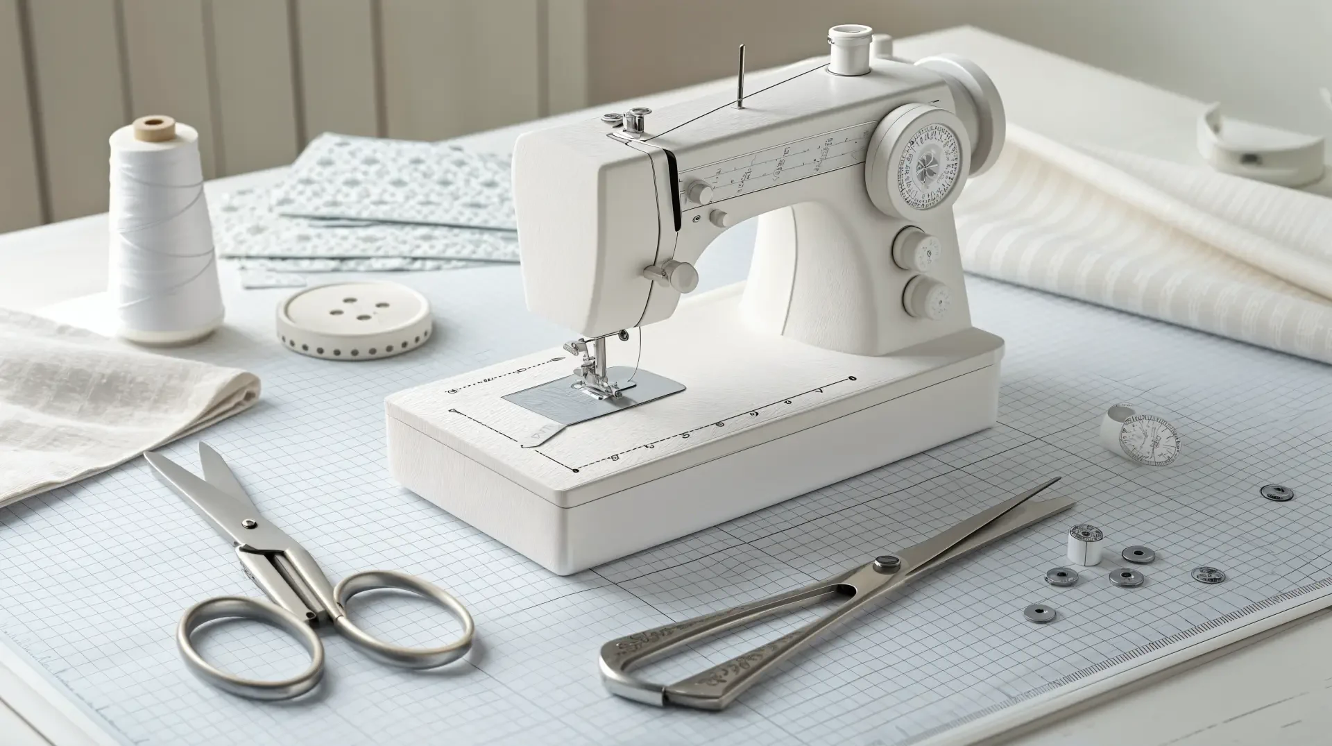 A neatly arranged sewing workspace featuring a white sewing machine, fabric pieces, scissors, and buttons, presented as a 4K Ultra HD PC desktop wallpaper and background.
