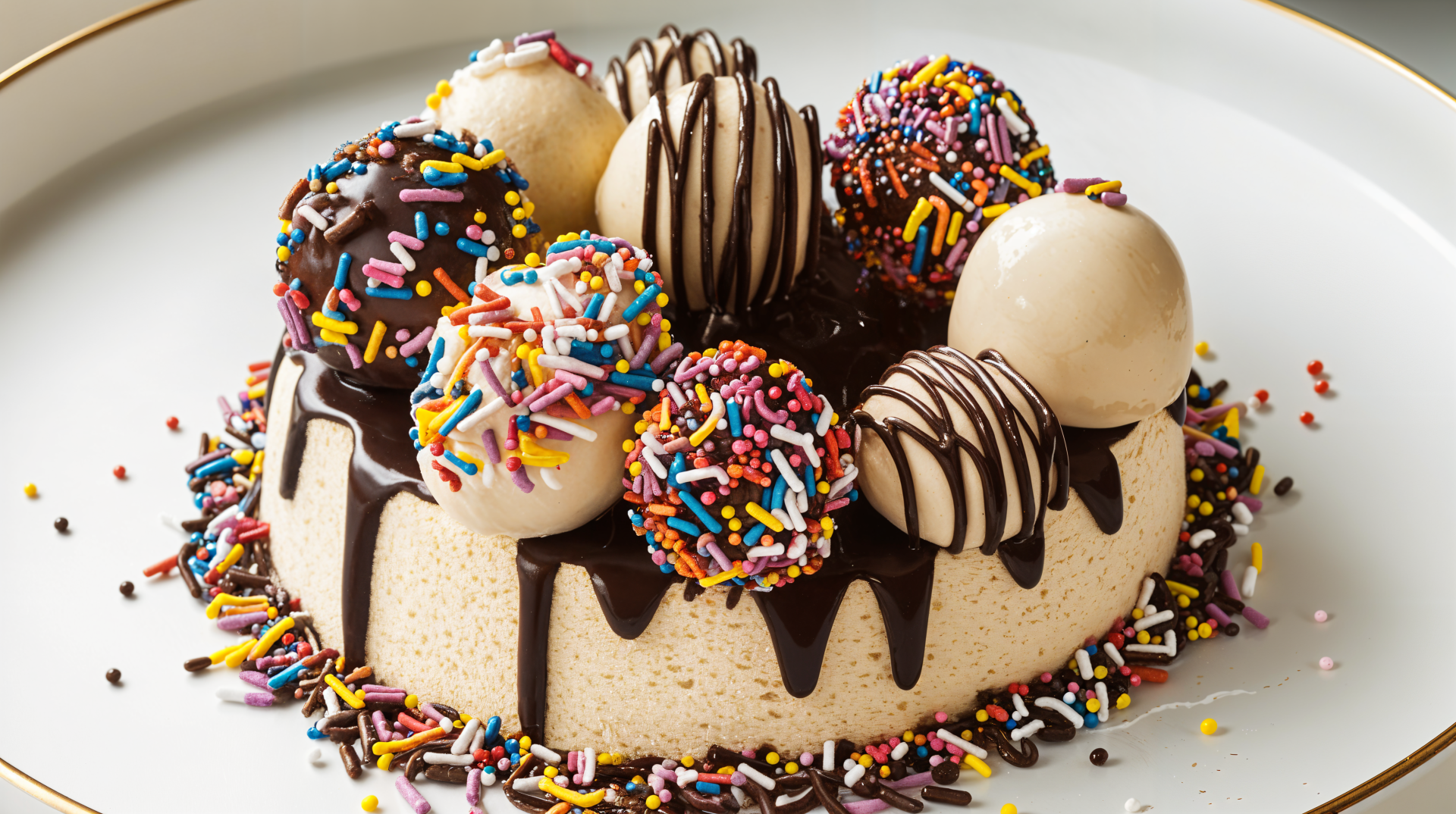 A decadent dessert adorned with chocolate, creamy spheres, and colorful sprinkles, set against a stylish background. This image serves as an enticing 4K Ultra HD PC desktop wallpaper.