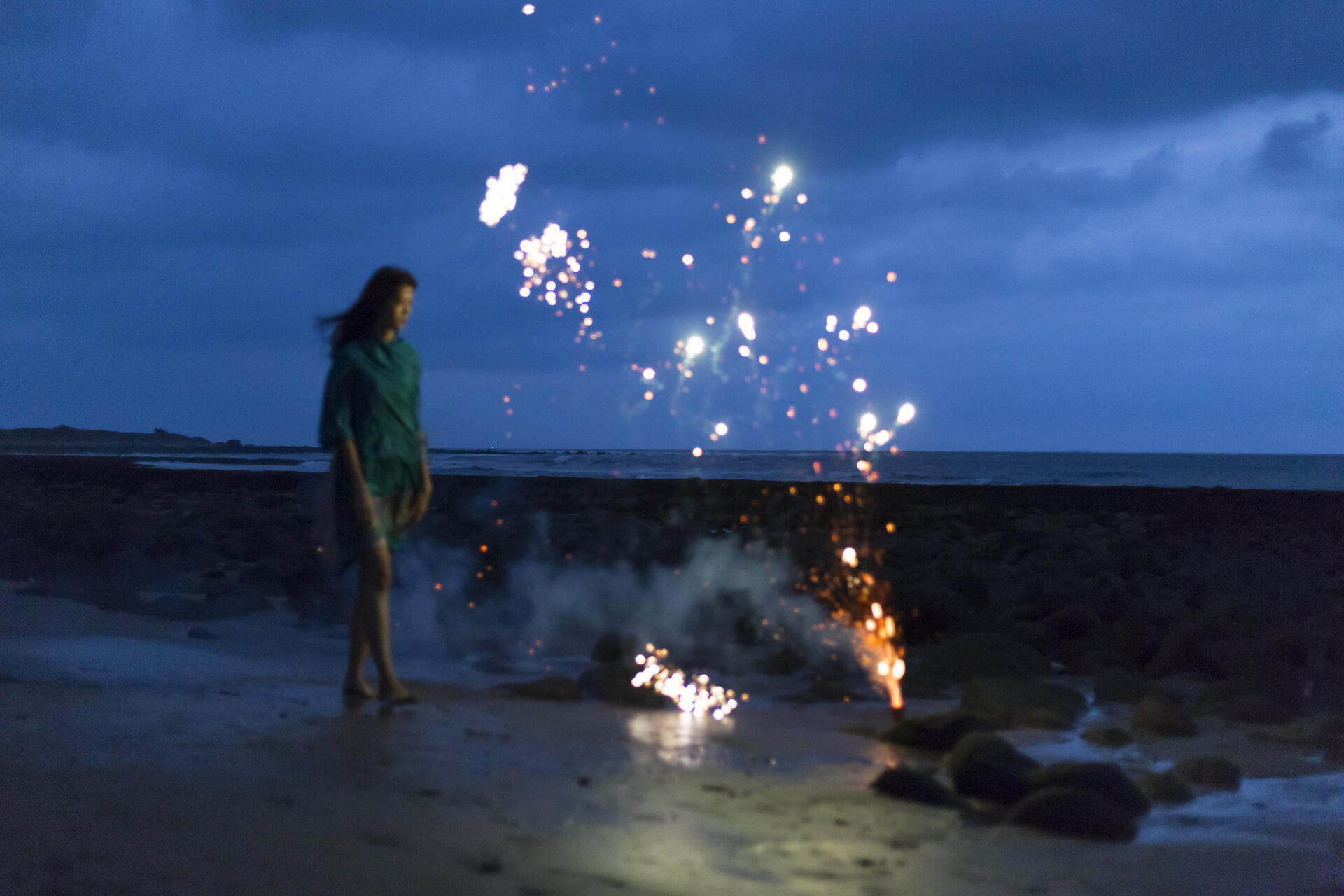 Download Woman Fireworks Night Beach 8k Ultra HD Wallpaper