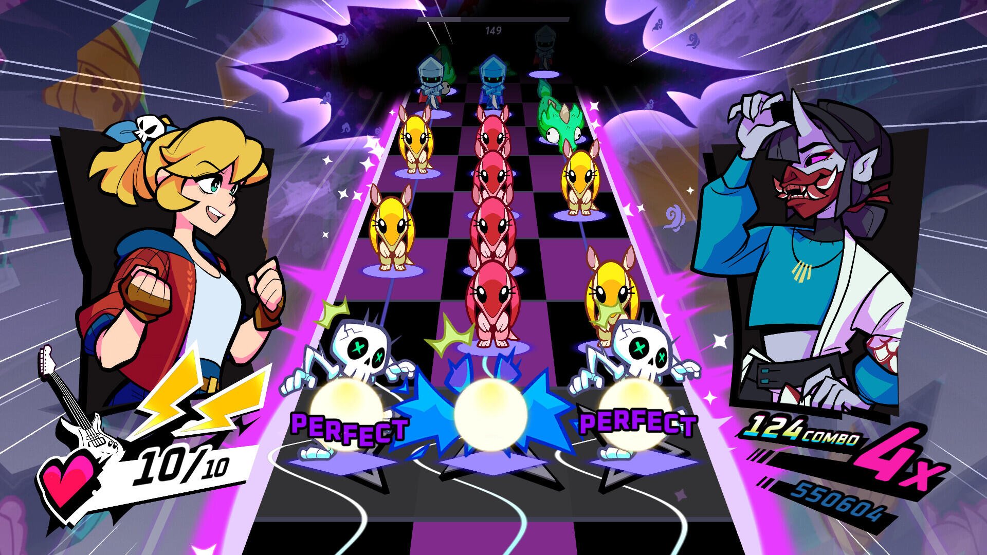 HD PC desktop wallpaper featuring vibrant characters and rhythmic gameplay from the video game Rift of the NecroDancer, showcasing dynamic music-based combat.
