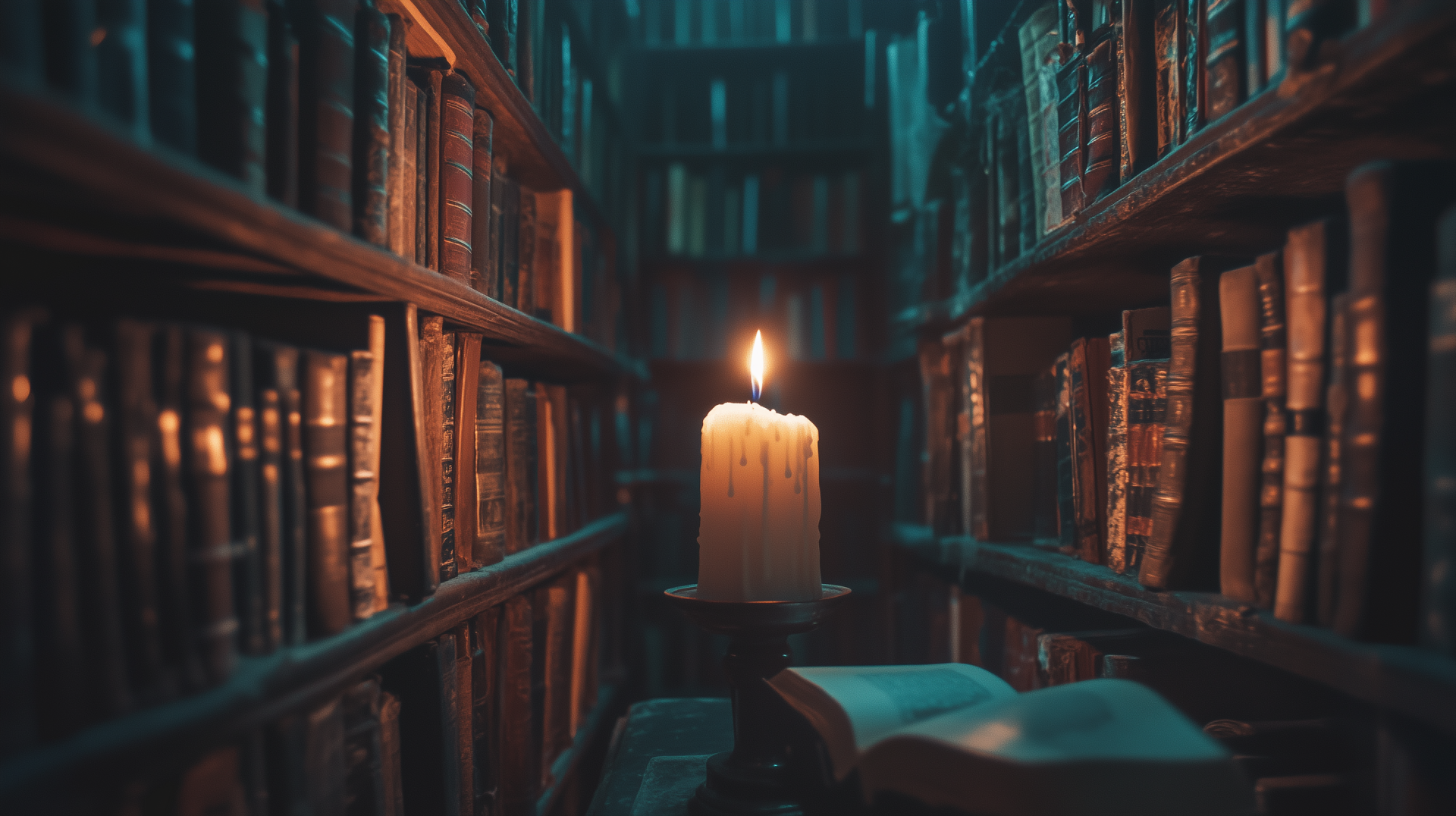 A dimly lit library filled with shelves of books, featuring a solitary candle illuminating the space, capturing the essence of dark academia. HD desktop wallpaper.