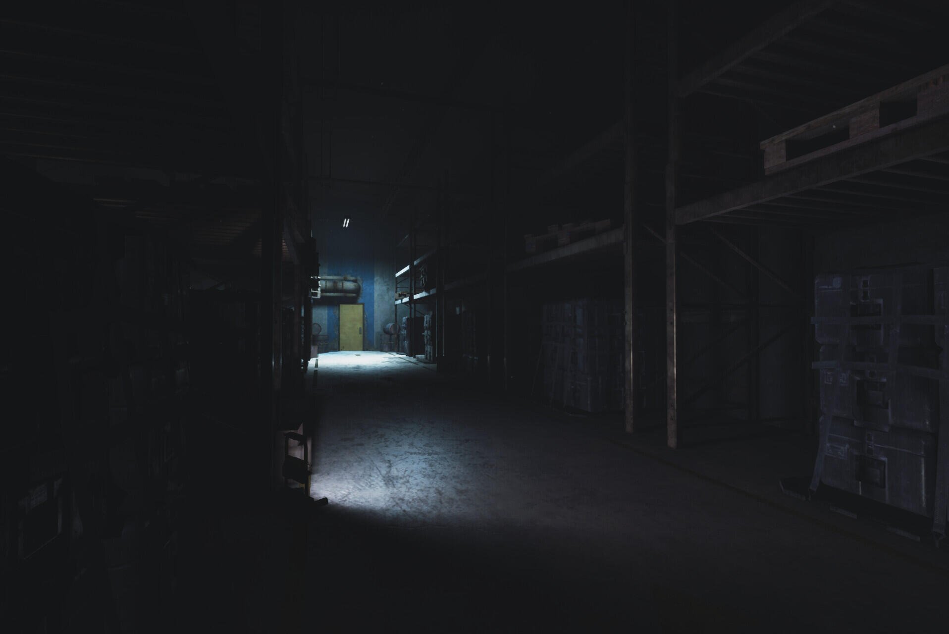 Dark and atmospheric scene from Poppy Playtime: Chapter 4, featuring a dimly lit corridor in an abandoned warehouse, serving as a high-definition desktop wallpaper.