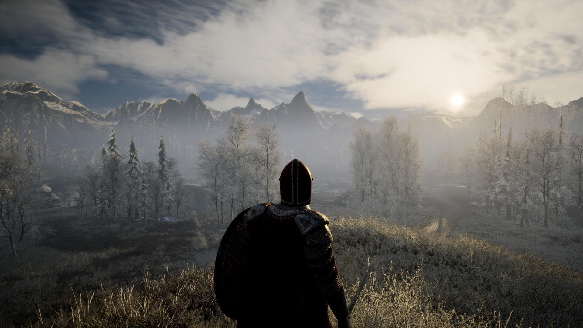 A warrior in armor stands on a grassy hill, overlooking a misty landscape of mountains and trees, capturing the immersive atmosphere of the video game Eyes of War in stunning 4K Ultra HD.