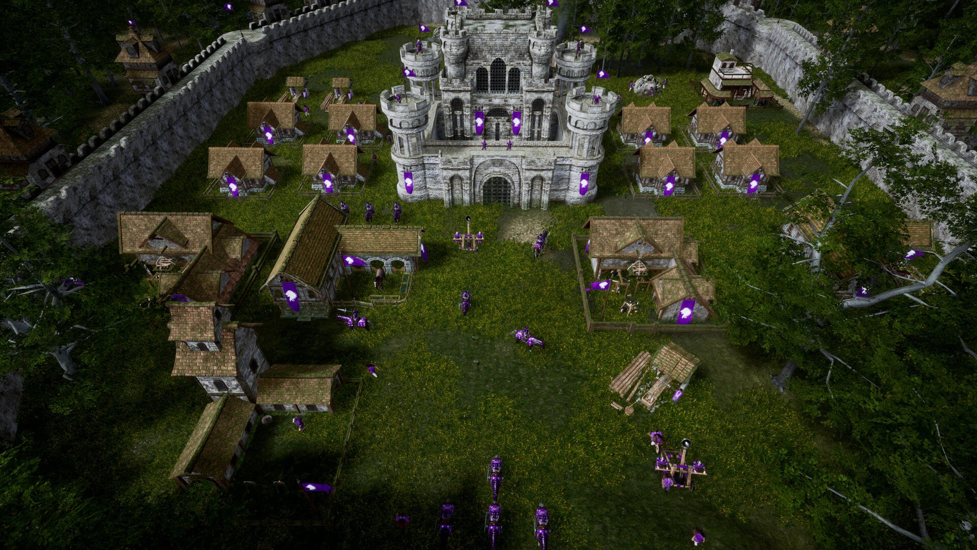A vibrant 4K Ultra HD wallpaper from the video game Eyes of War, showcasing a detailed landscape with a grand castle and surrounding village structures, all set in lush greenery.