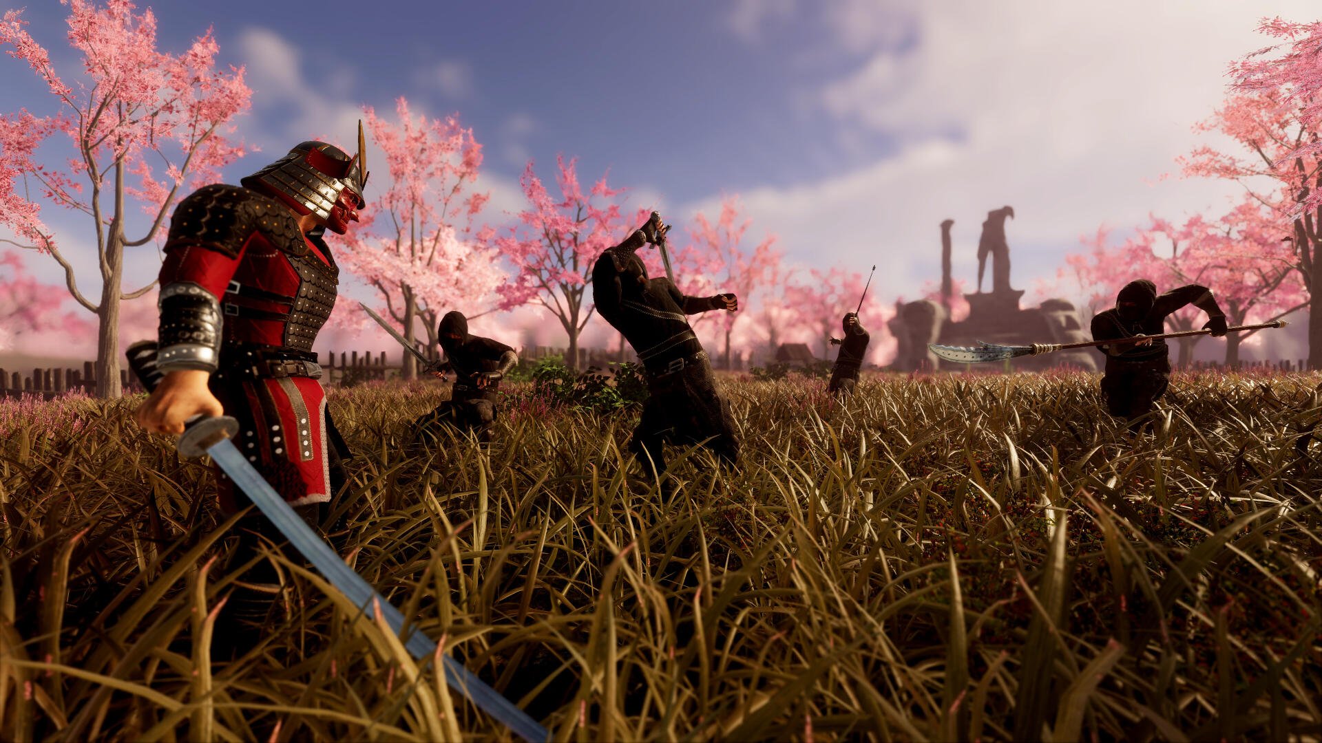 A dynamic scene from the video game Eyes of War, featuring a samurai warrior in a vibrant, colorful landscape with blooming trees and battle-ready figures in action. 4K Ultra HD quality.
