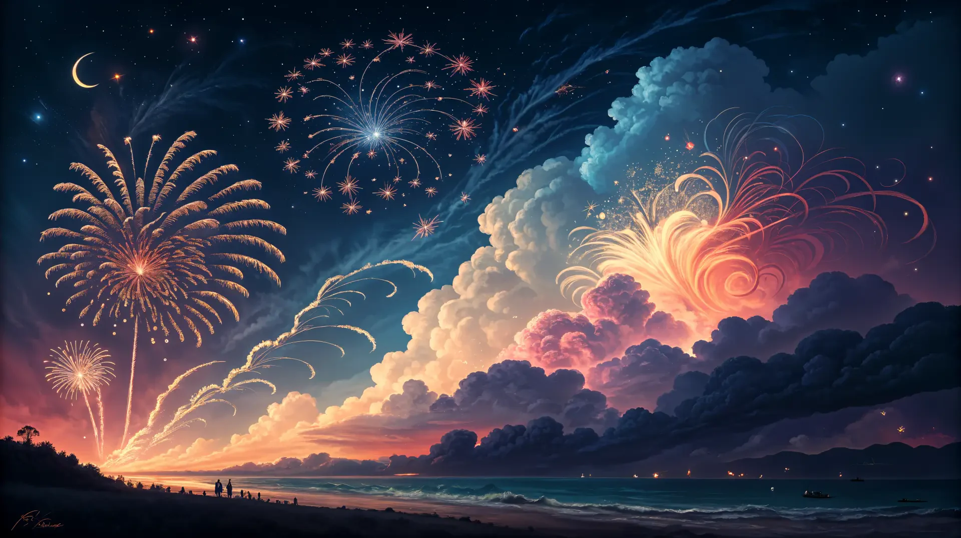 A vibrant display of new year fireworks illuminates a night sky filled with clouds, reflecting colorful bursts over a tranquil ocean, serving as a stunning 4K Ultra HD desktop wallpaper.