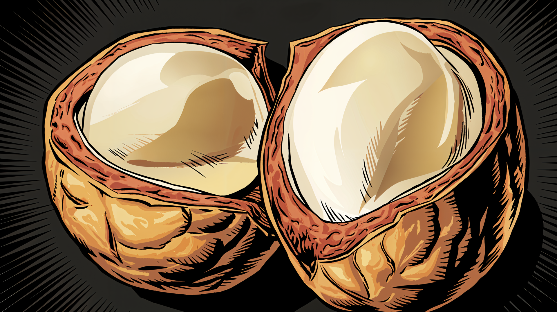 A detailed illustration of opened macadamia nuts, showcasing their smooth, creamy kernels against a dark background, designed as a stunning 4K Ultra HD PC desktop wallpaper.