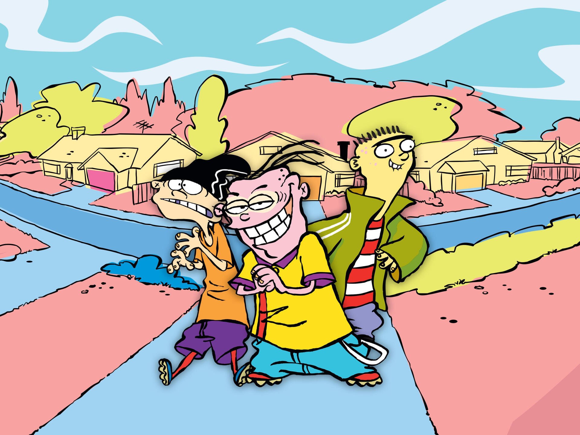 4K Ultra HD PC desktop wallpaper: Ed, Edd n Eddy trio grinning and walking through a colorful suburban cul-de-sac in bold, stylized cartoon art.