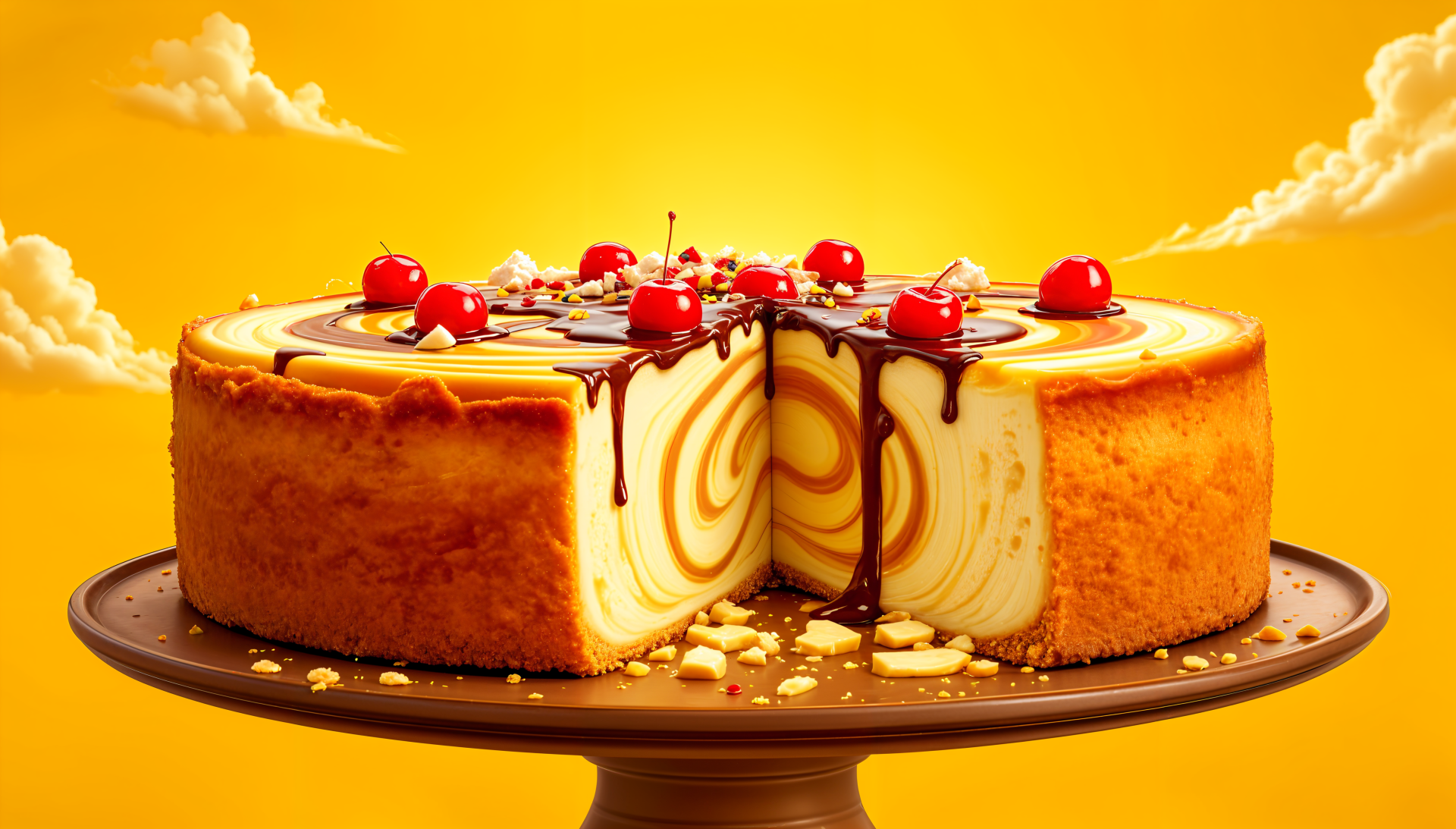 Delicious cheesecake garnished with cherries and drizzled in chocolate, displayed on a plate against a vibrant yellow background. A tempting 4K Ultra HD wallpaper.