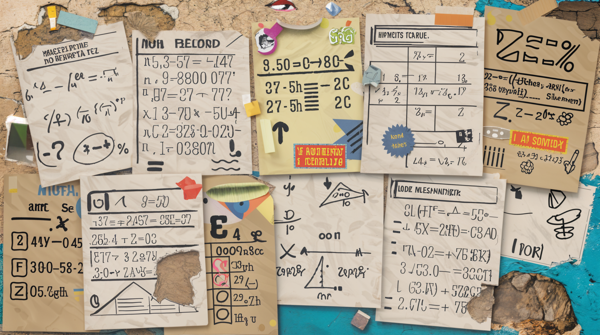 A collage of homework sheet notes featuring mathematical equations and diagrams, pinned to a textured wall. This visually engaging image serves as a 4K Ultra HD desktop wallpaper.