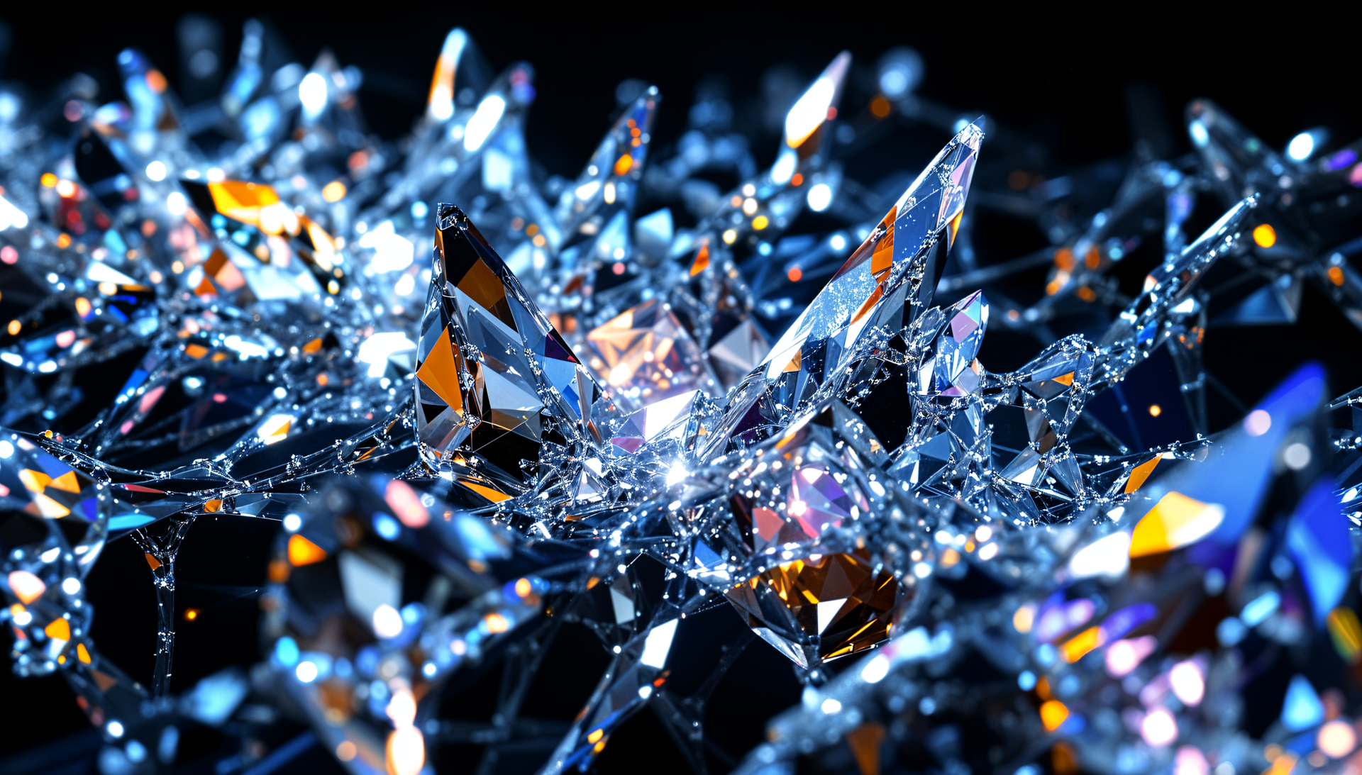 A stunning 4K Ultra HD desktop wallpaper featuring intricate crystal formations that shimmer with vibrant colors and light, creating a mesmerizing, futuristic effect.