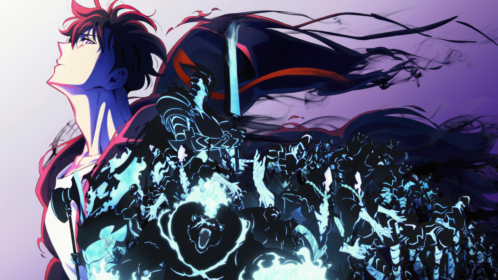HD PC desktop wallpaper featuring a dramatic Solo Leveling scene with a character looking upward, surrounded by shadowy, glowing figures against a dark purple background.