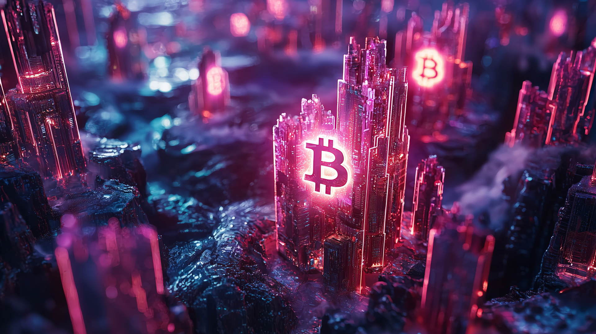 A vibrant HD desktop wallpaper featuring glowing pink crystals and Bitcoin symbols, capturing the essence of cryptocurrency and crypto mining in a futuristic landscape.