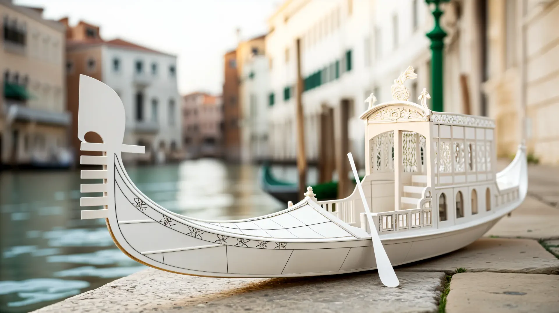 A detailed white gondola model sits by a canal in Venice, showcasing classic architecture in the background. Shot in 4K Ultra HD as a PC desktop wallpaper.