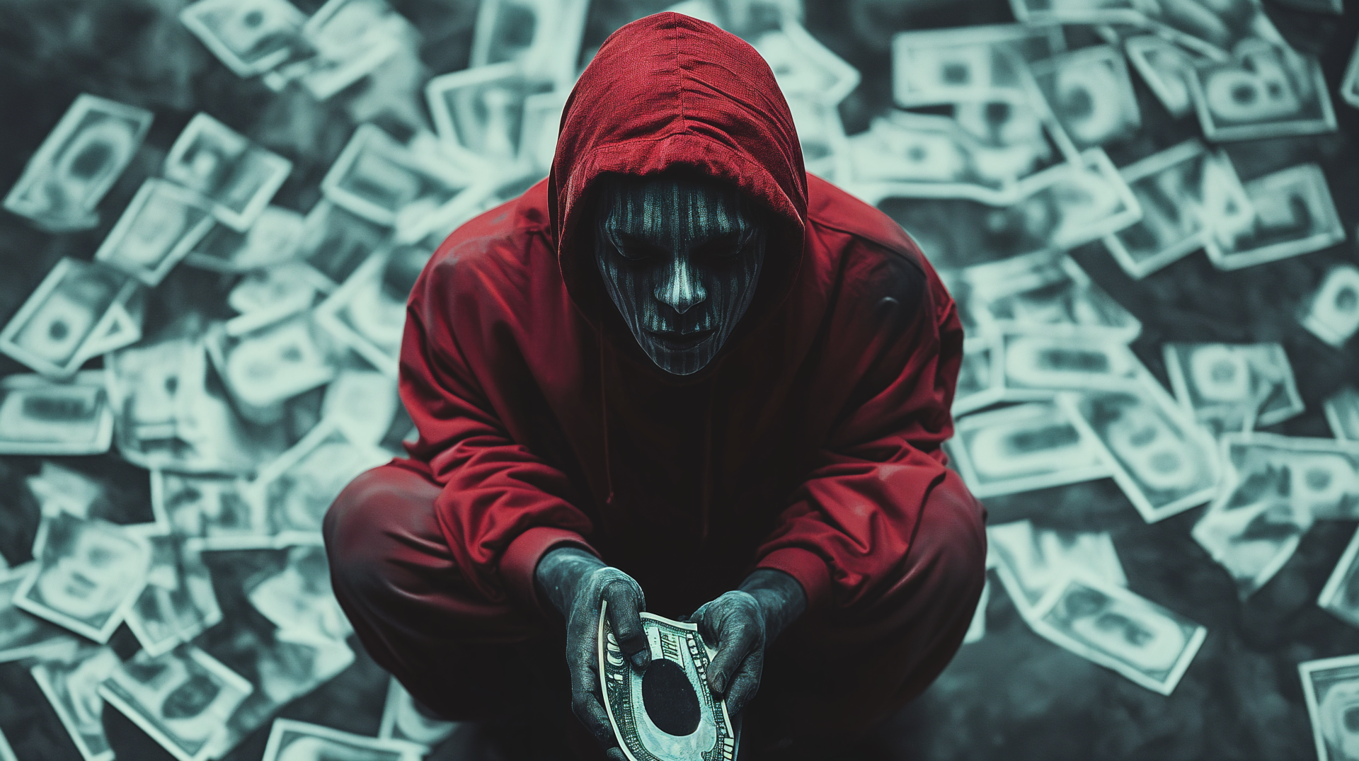 A man in a red hoodie sits amidst scattered money, holding a dollar bill, embodying the theme of wage slavery in this striking 4K Ultra HD wallpaper.