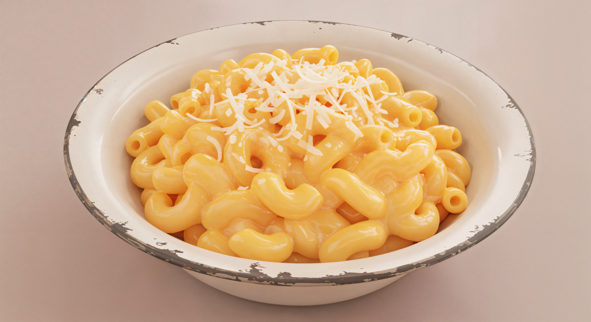 A delectable bowl of creamy mac and cheese, topped with shredded cheese, presented in a rustic white dish. This image serves as a vibrant 4K Ultra HD desktop wallpaper.