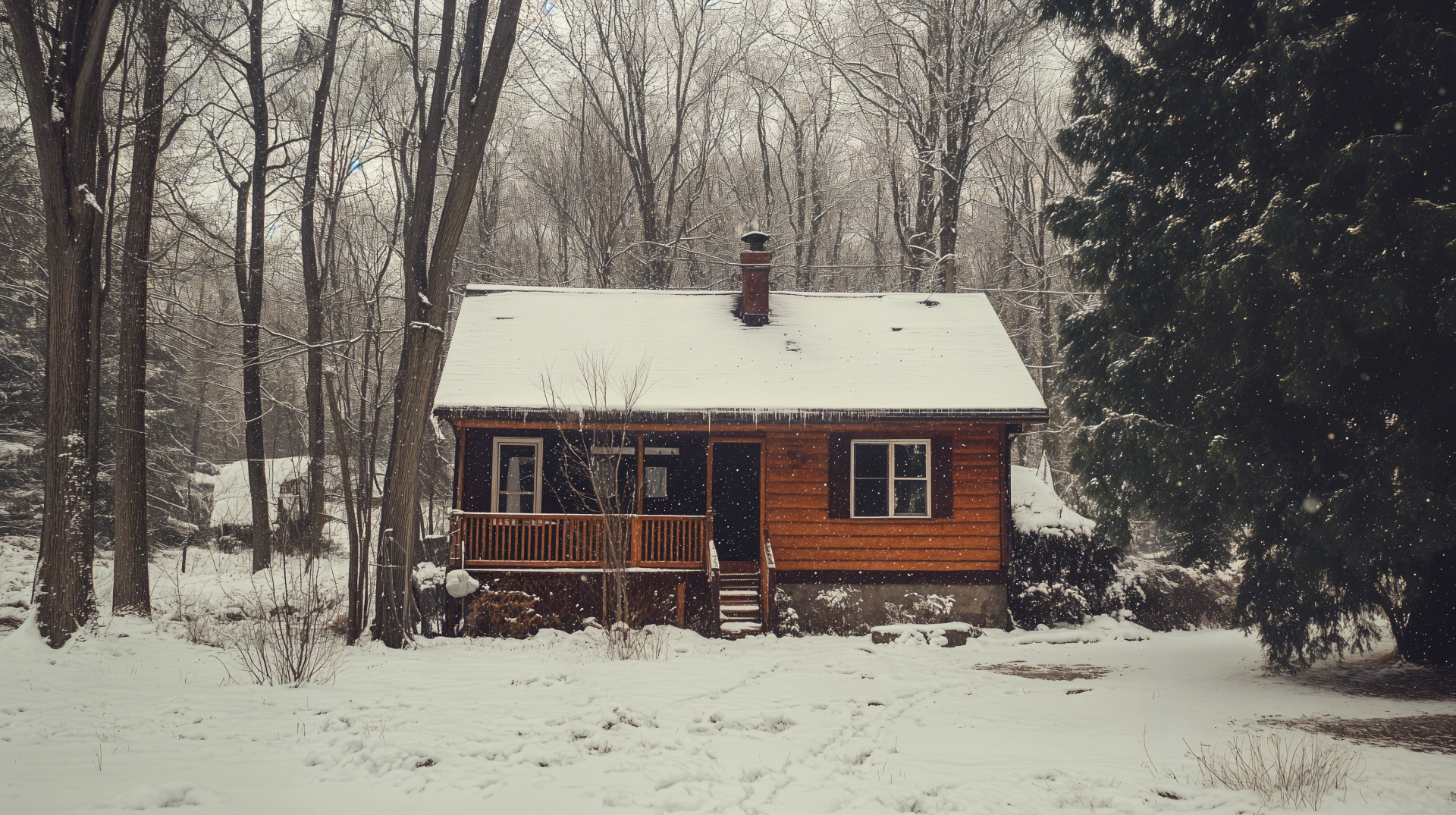 A cozy winter cabin nestled among snow-covered trees, featuring a rustic facade and a welcoming porch. This 4K Ultra HD image serves as a stunning desktop wallpaper.