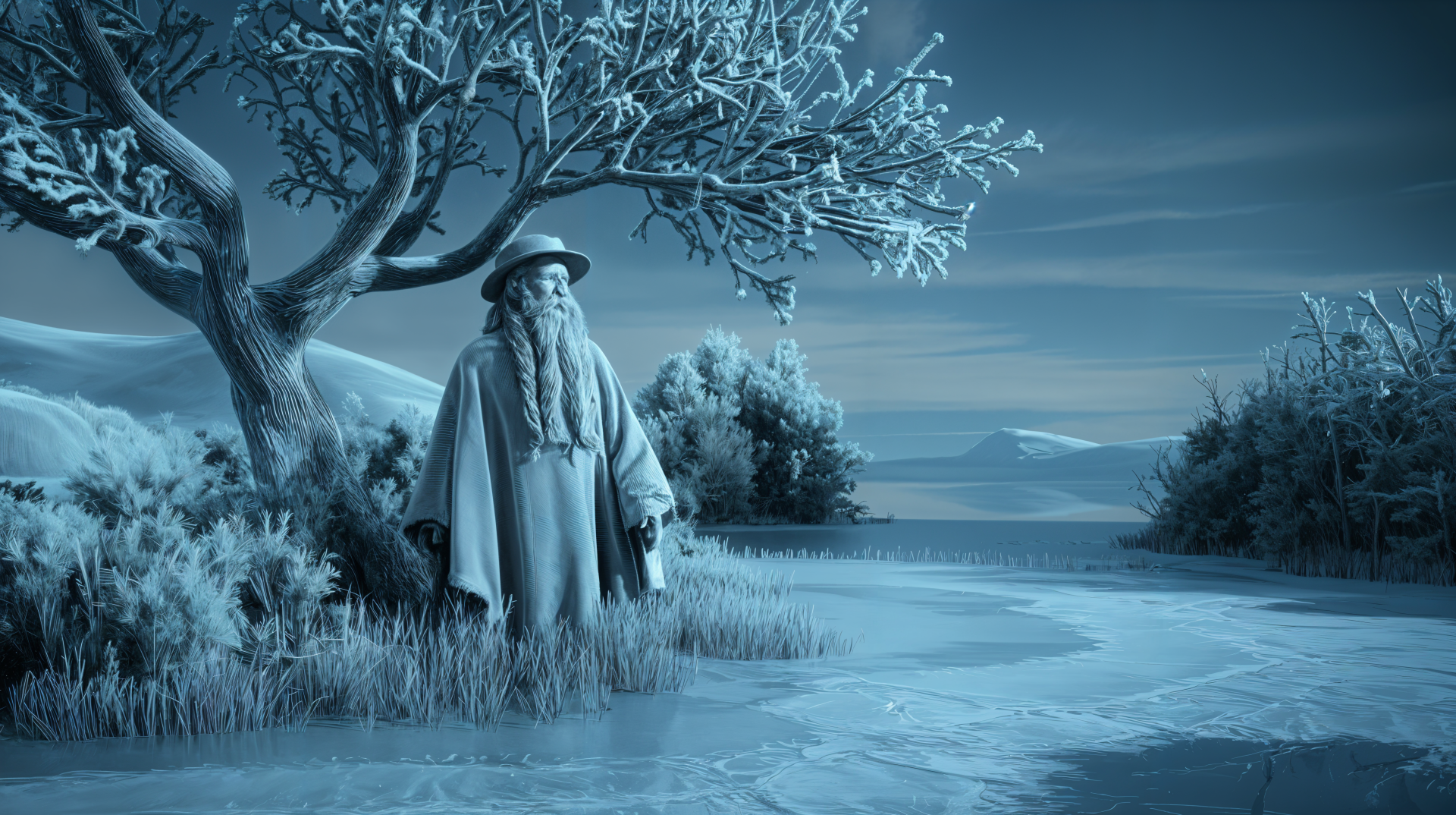 A frosty landscape featuring a serene figure in a traditional cloak, standing near a bare tree on the icy shore, all captured in stunning 4K Ultra HD quality.