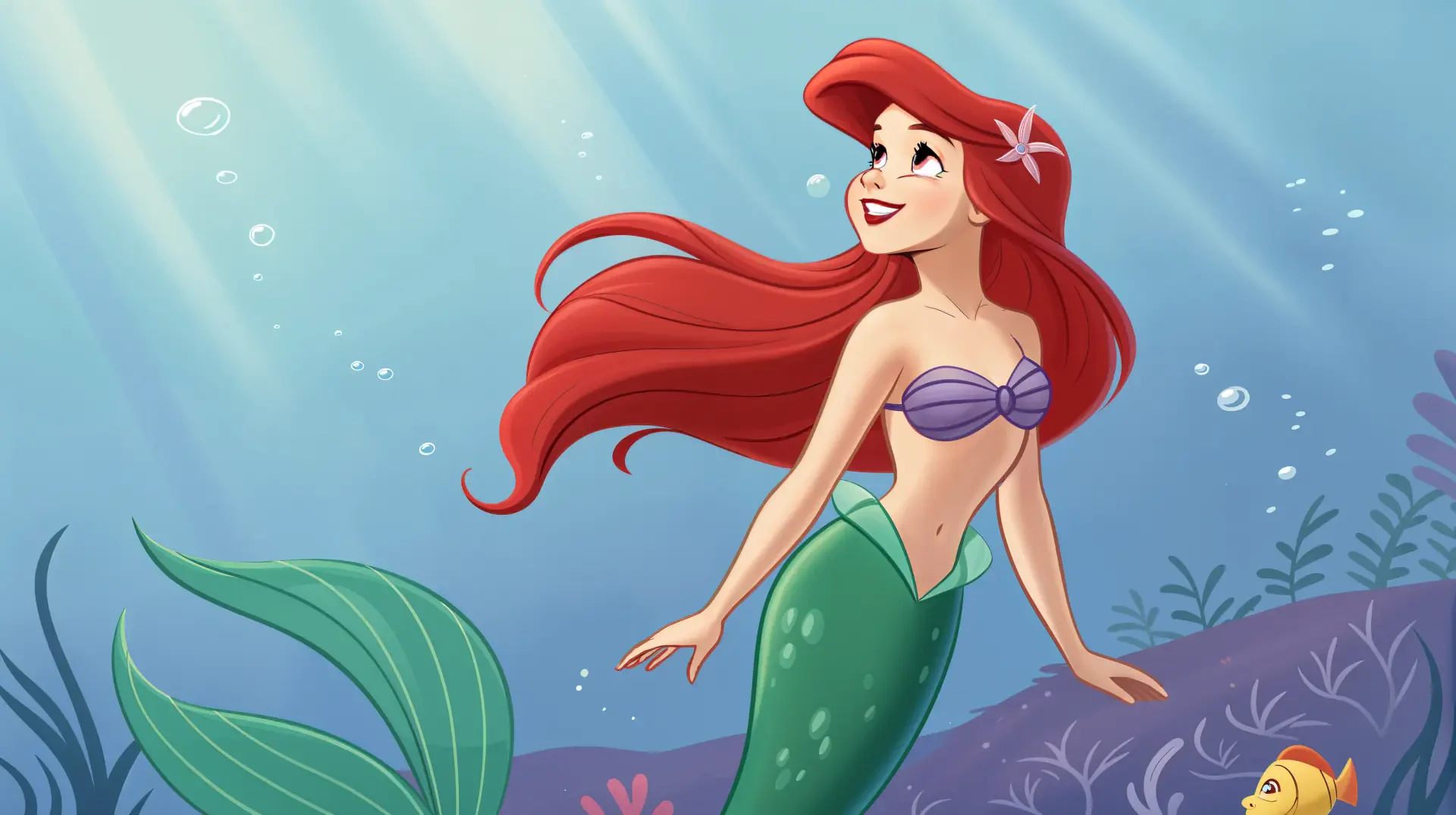 A vibrant 4K Ultra HD desktop wallpaper featuring Ariel from The Little Mermaid, showcasing her flowing red hair and enchanting underwater scene. Bright colors bring the image to life.