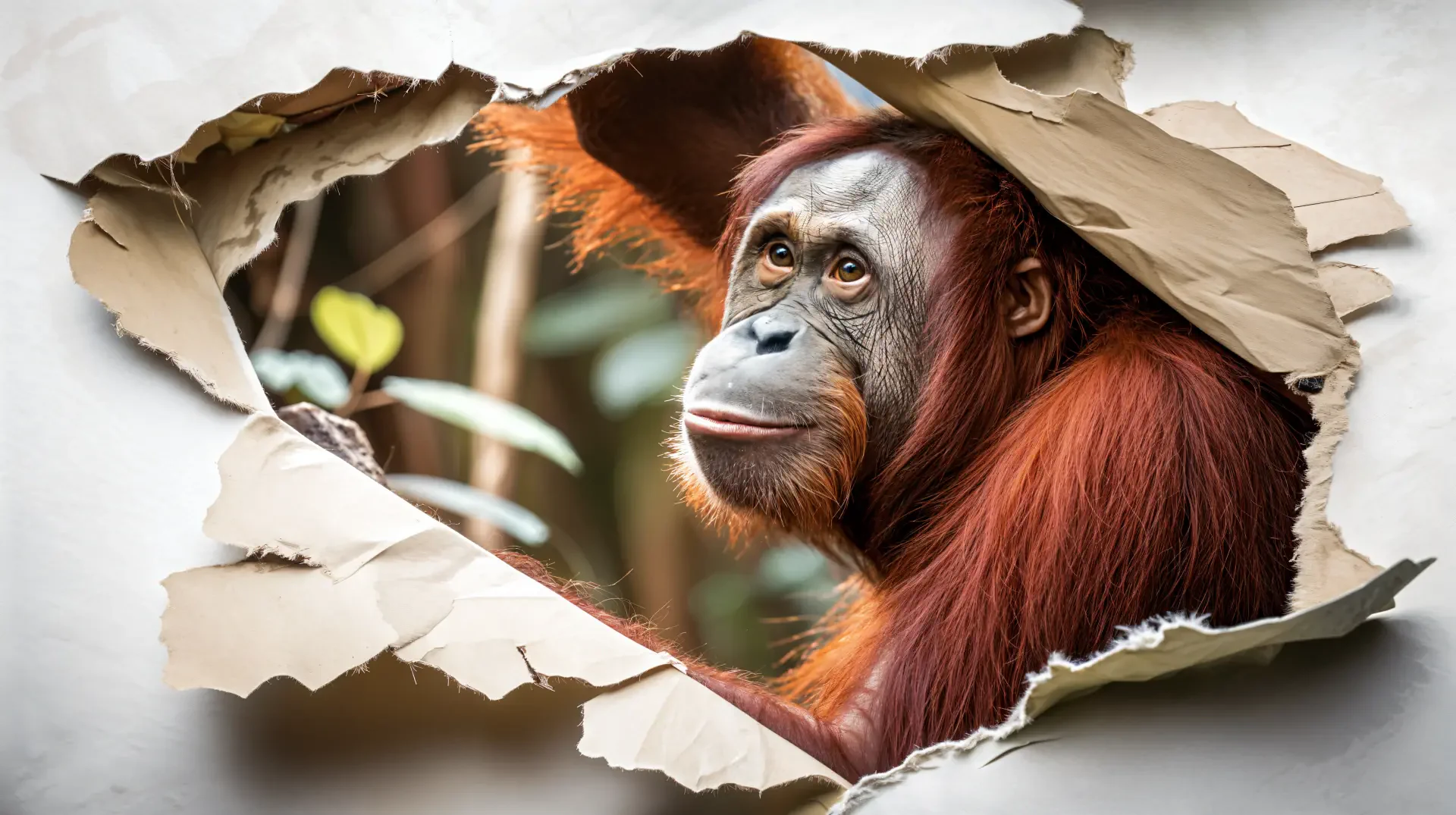 A stunning 4K Ultra HD wallpaper featuring an orangutan peering through a torn piece of paper, highlighting its expressive face and vibrant fur against a natural backdrop.