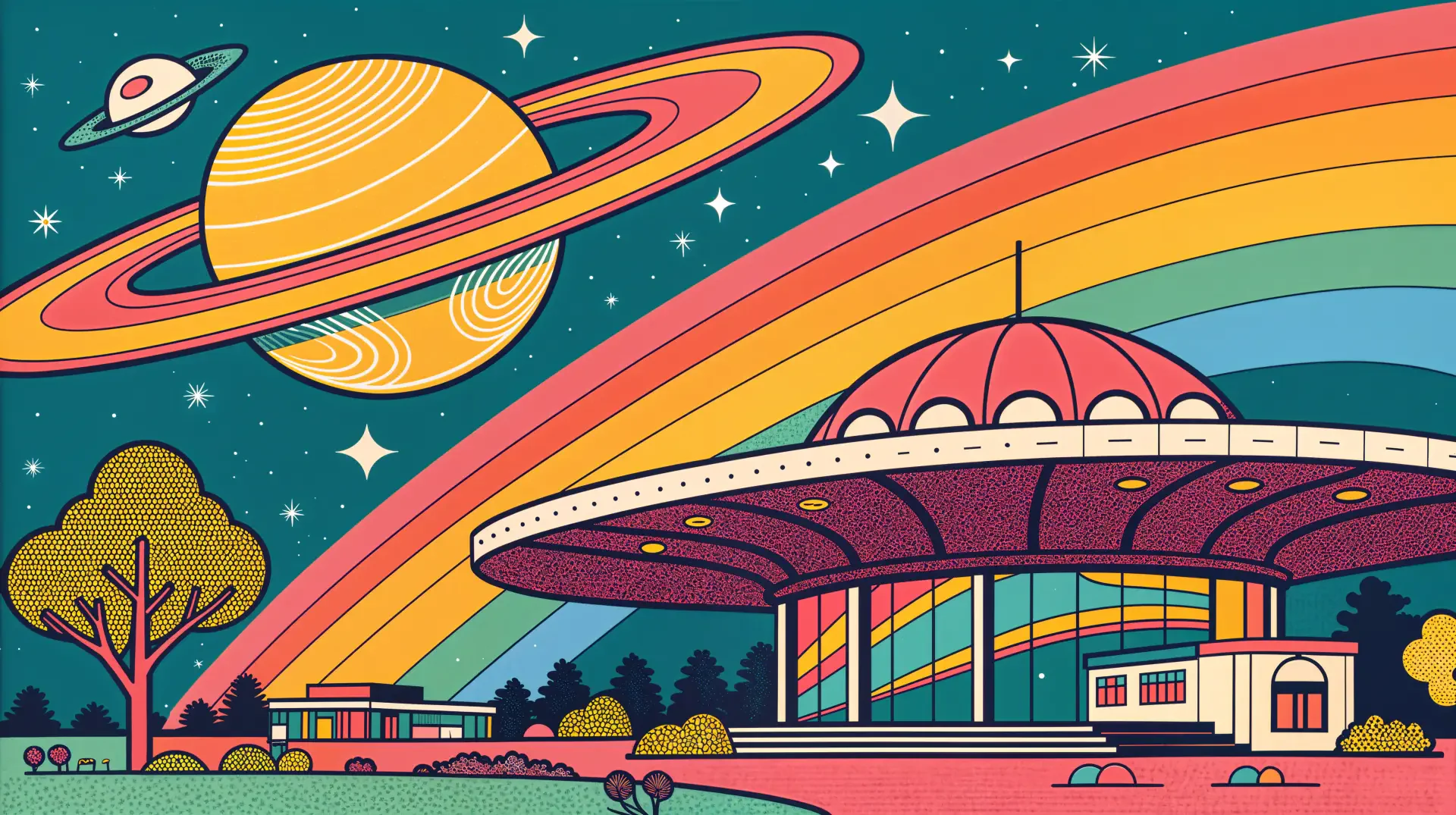 A vibrant 4K Ultra HD PC desktop wallpaper featuring a whimsical UFO under a colorful rainbow, with Saturn and a starry night sky in the background.