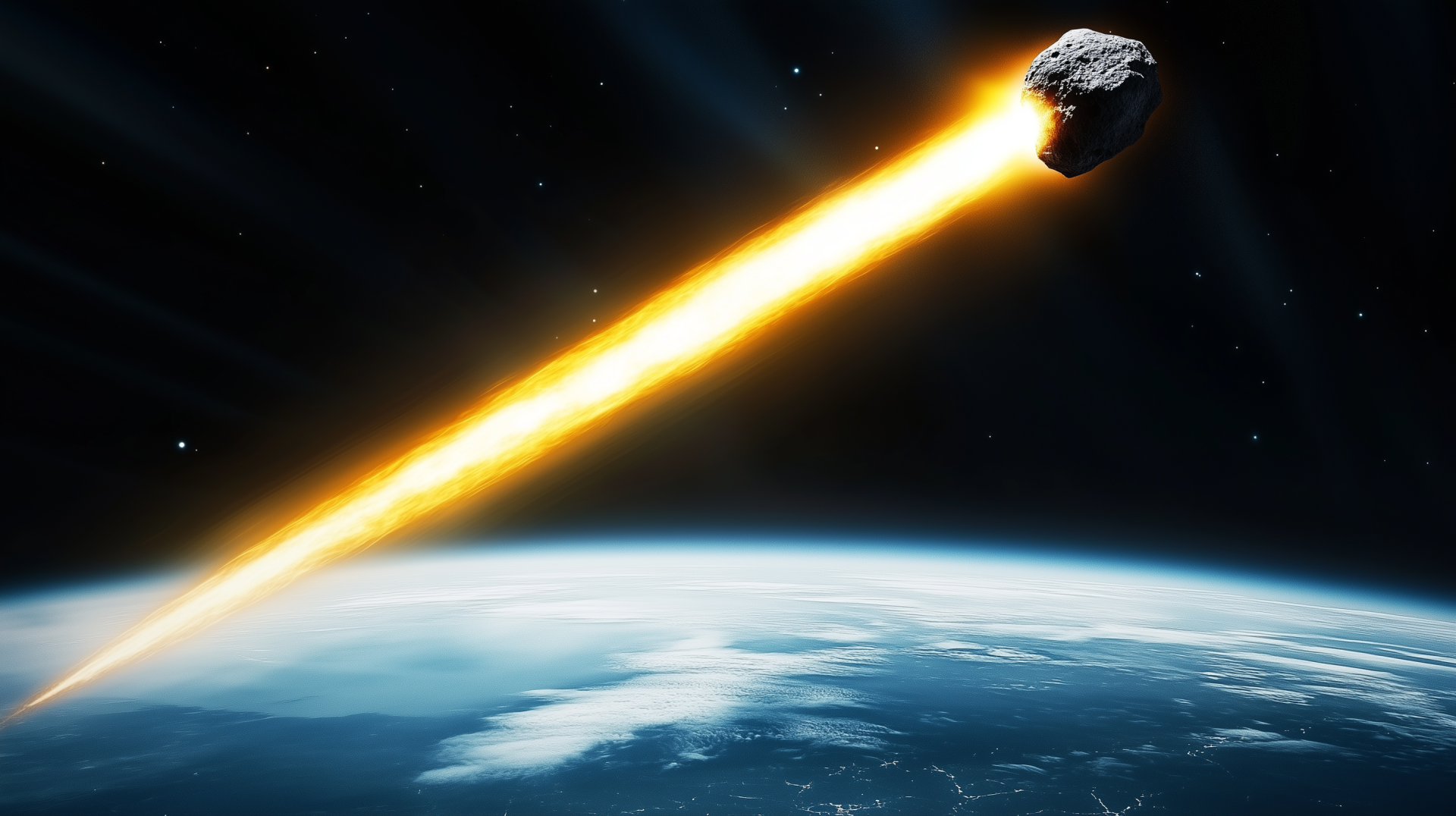A stunning HD wallpaper depicting an asteroid hurtling towards Earth, with a vibrant laser beam illuminating the scene against the backdrop of space.
