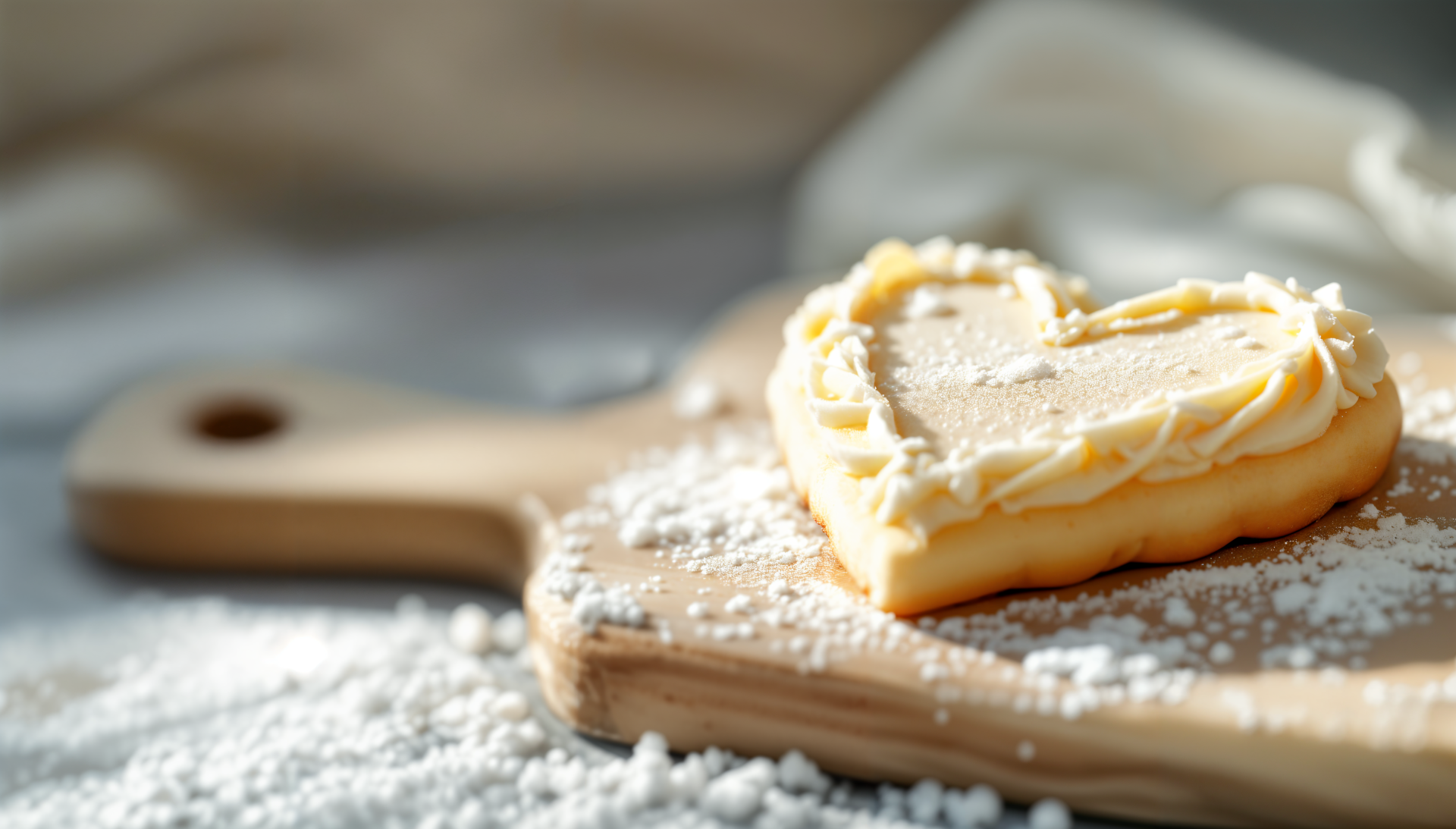 A beautifully styled heart-shaped sugar cookie topped with creamy frosting sits on a wooden cutting board, surrounded by a dusting of powdered sugar, showcased in vibrant 4K Ultra HD quality.