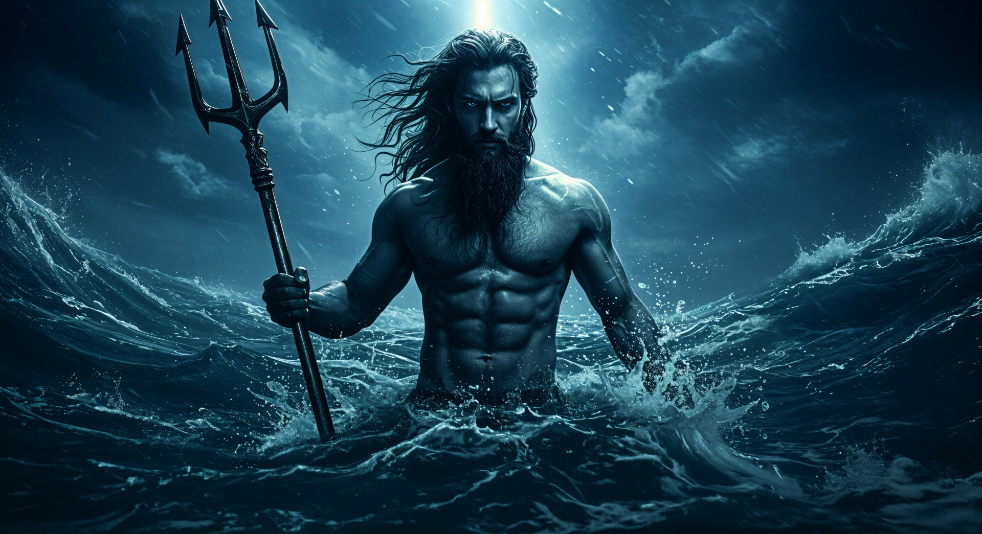 A dramatic 4K Ultra HD wallpaper featuring a muscular man with a trident, emerging from turbulent ocean waves against a stormy backdrop.