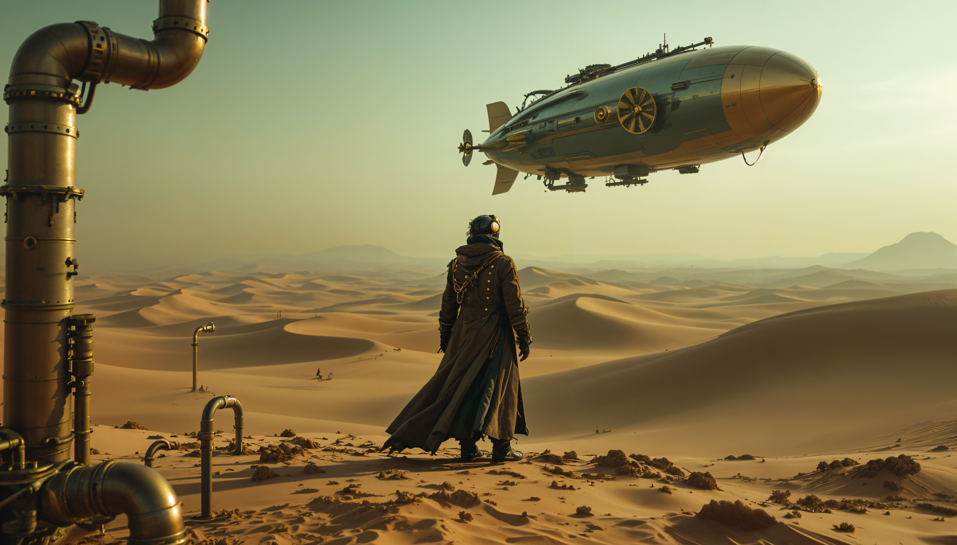 A lone figure in a long coat gazes at a flying airship above vast desert dunes, captured in stunning 4K Ultra HD.