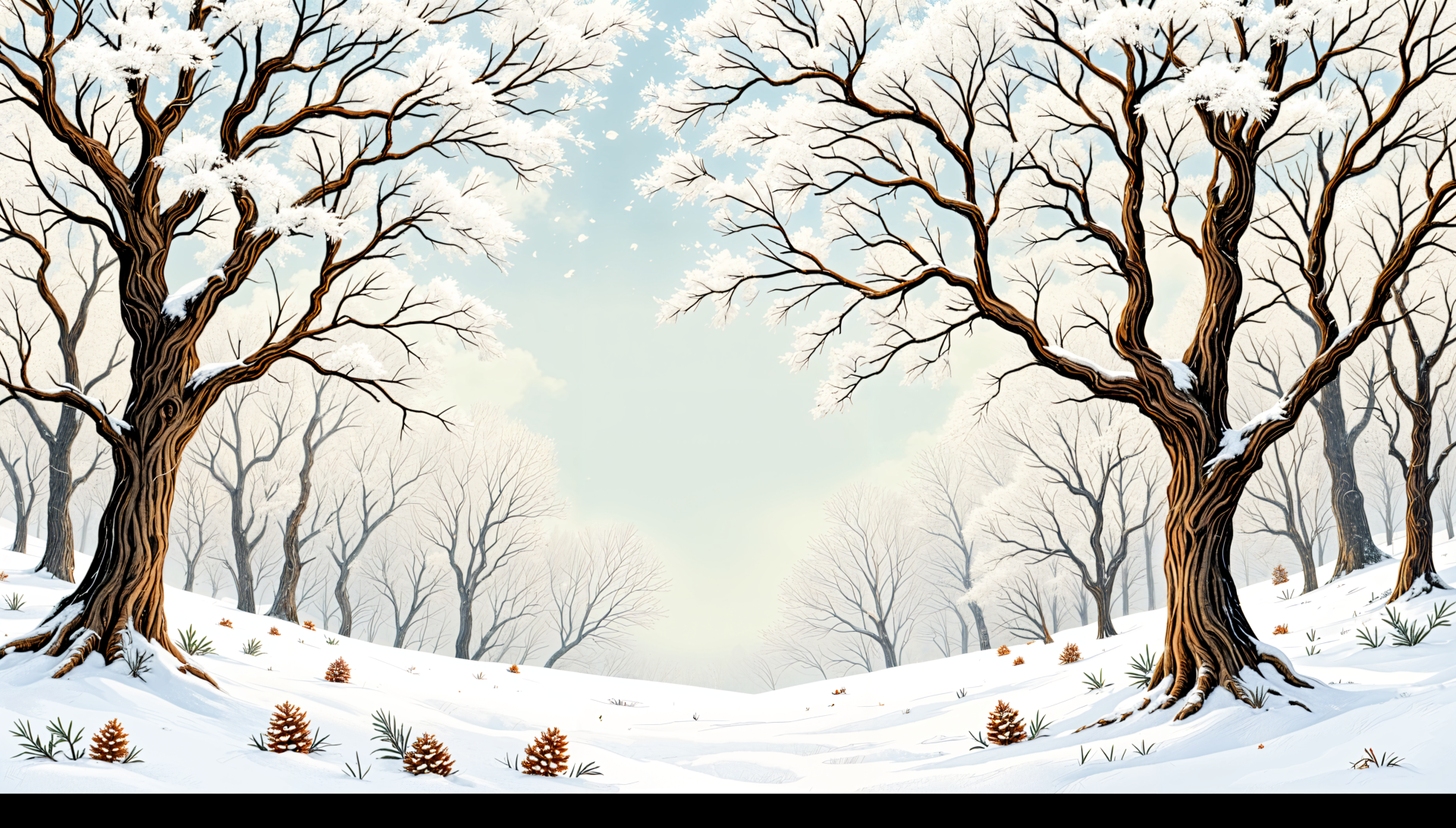 A serene snowy forest scene, featuring bare trees and scattered pine cones, captured in vibrant 4K Ultra HD, makes for an inviting desktop wallpaper and background.