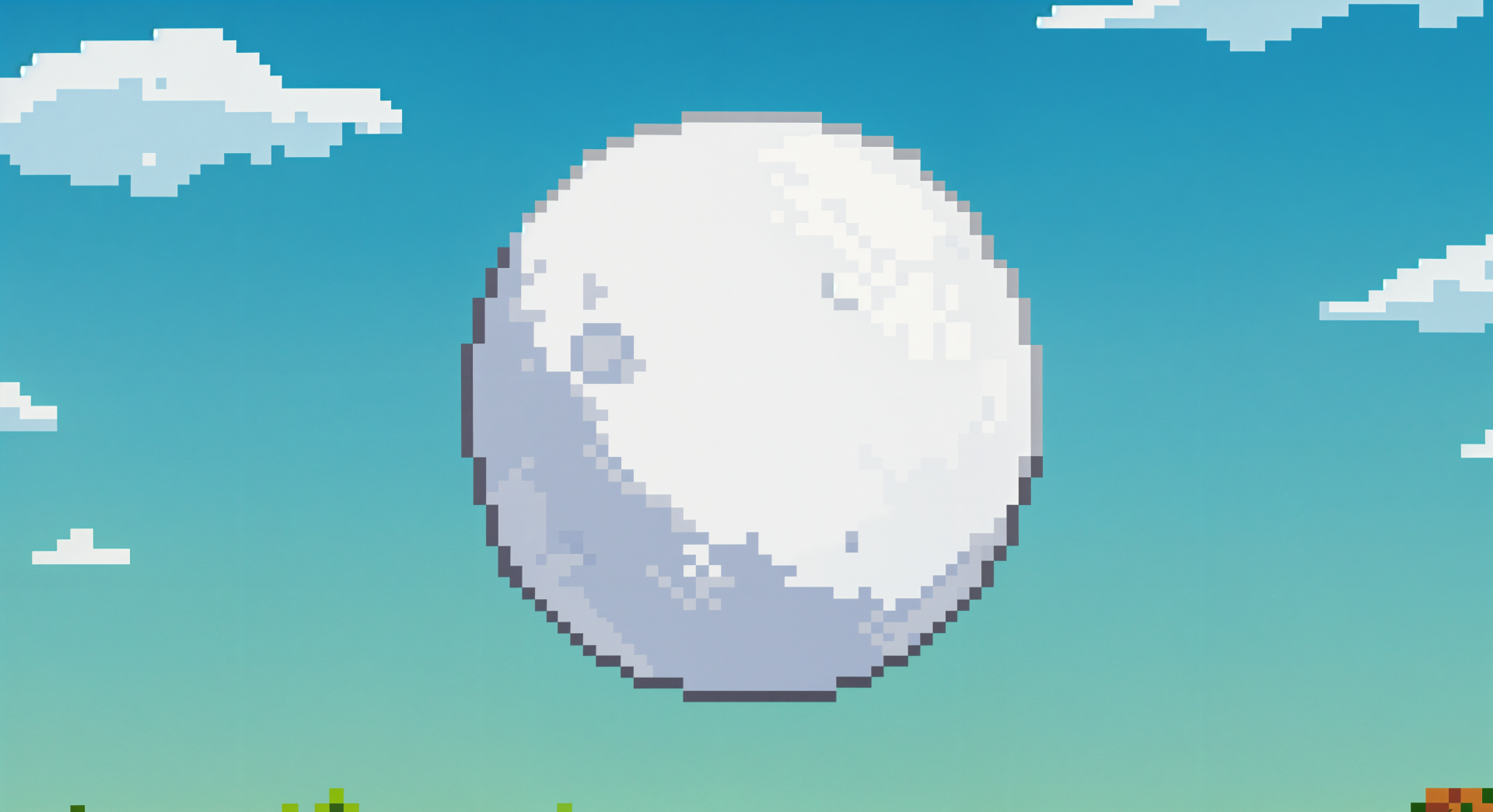Pixel art 4K Ultra HD desktop wallpaper featuring a large snowball-like moon against a bright sky with scattered clouds.