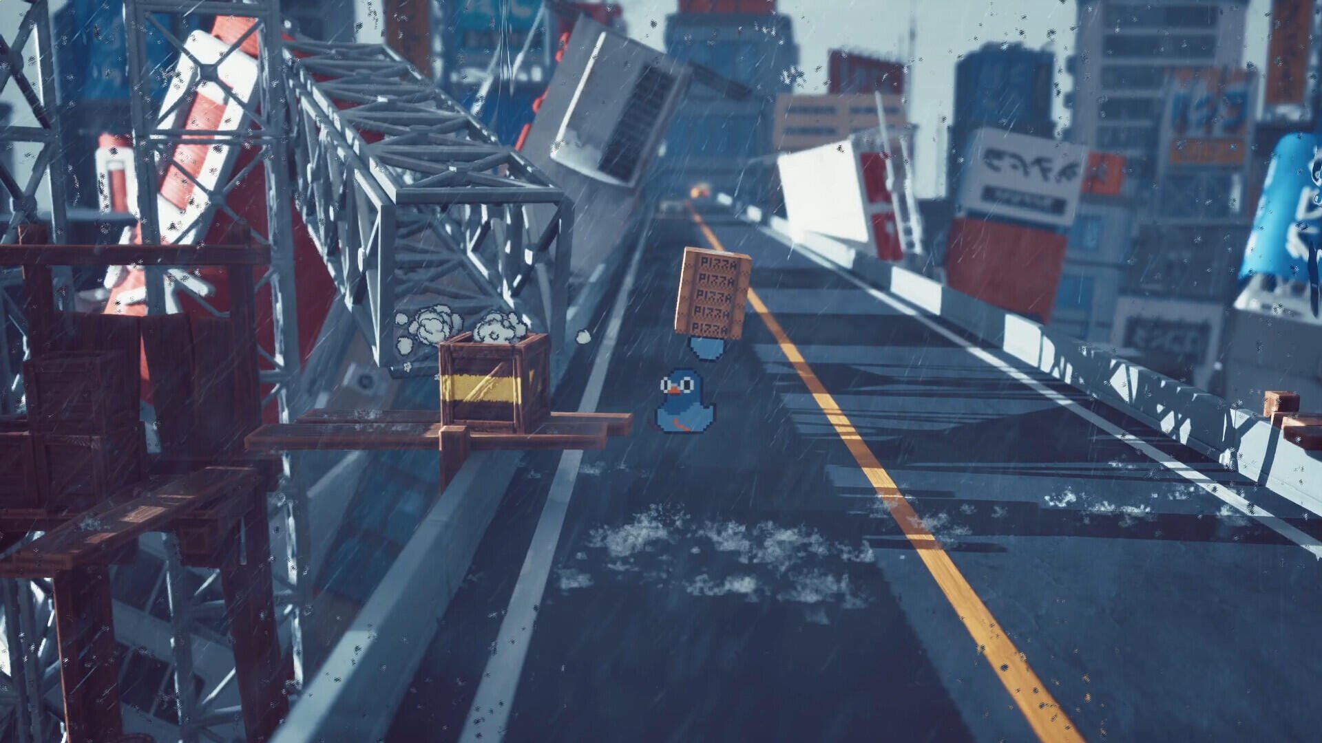 A whimsical HD PC wallpaper from GuGu Pizza: Delivering Pizza to the Space Station, showcasing a quirky scene with overturned crates and a colorful character navigating a chaotic roadway.