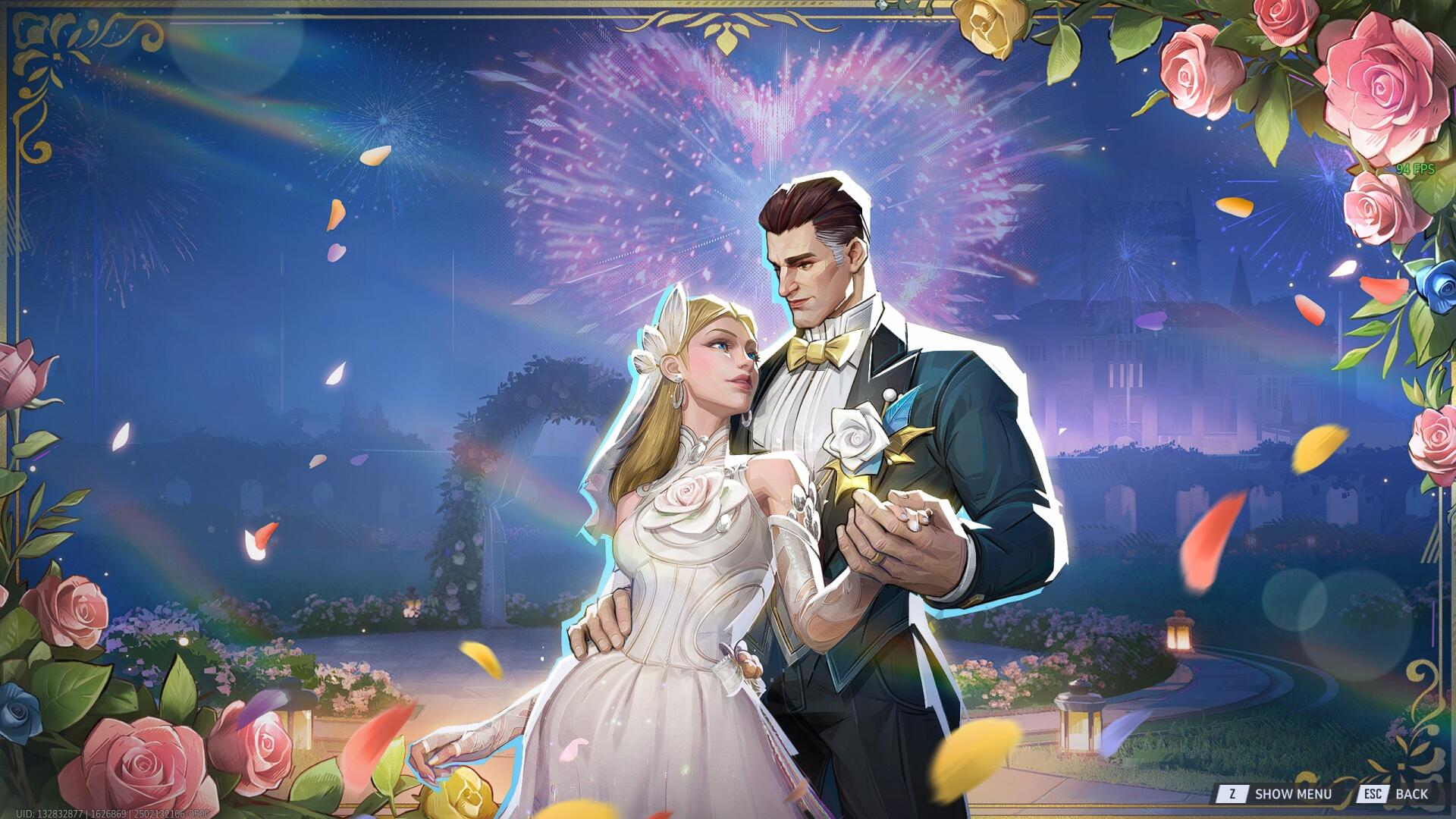 A romantic scene from the video game Marvel Rivals, featuring a couple in elegant wedding attire amidst flowers and fireworks, set against a vibrant, enchanting backdrop.