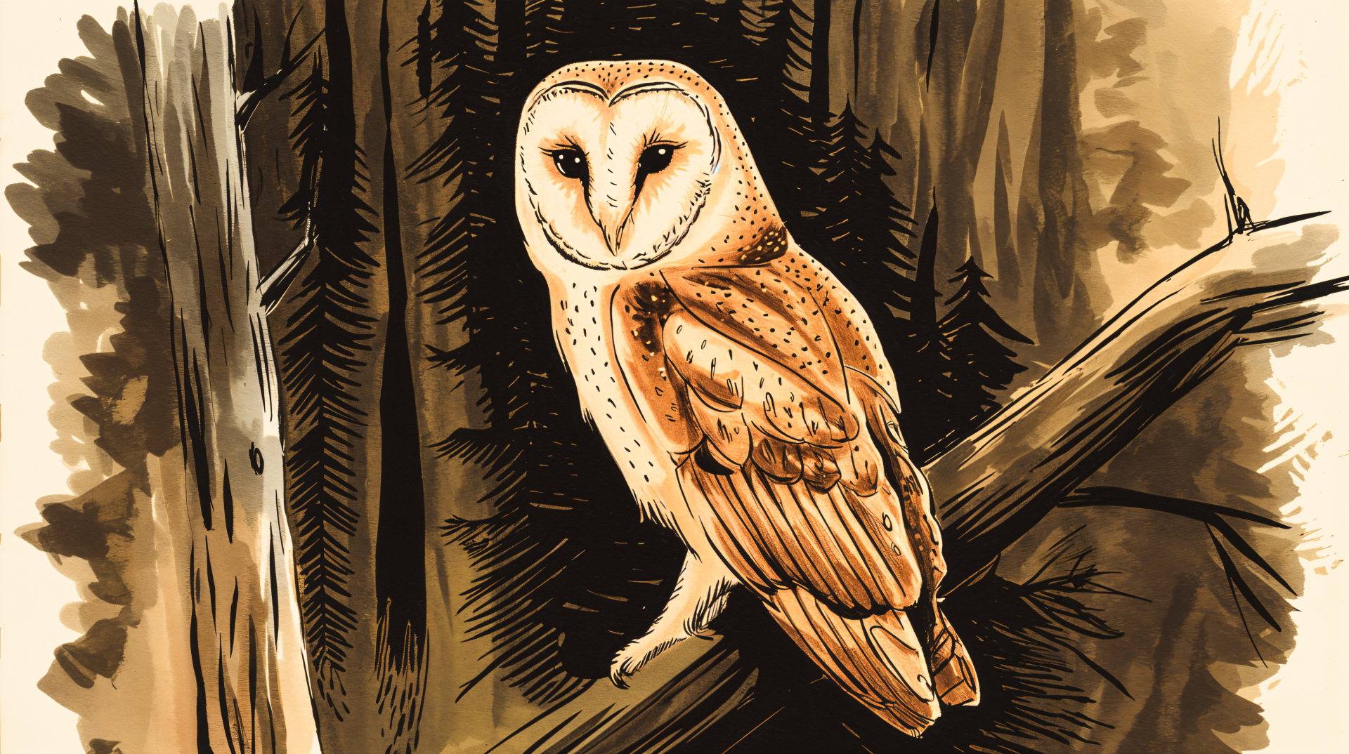 A barn owl perched on a branch, surrounded by a woodland backdrop. This stunning image serves as a 4K Ultra HD PC desktop wallpaper, showcasing the owl's intricate details and colors.