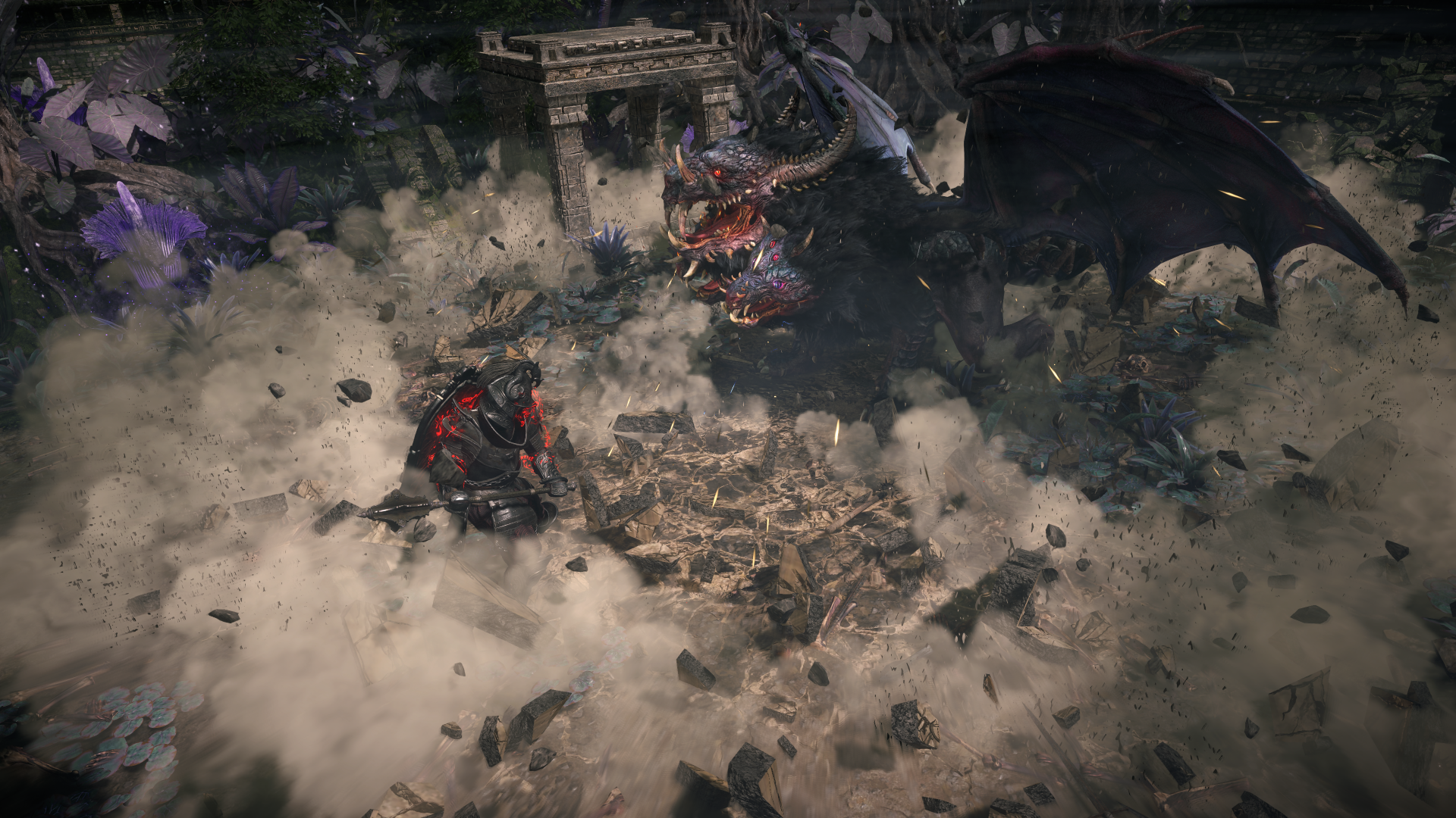 A dramatic scene from Path of Exile 2, featuring a character battling a large dragon amidst swirling dust and debris in stunning 4K Ultra HD resolution.