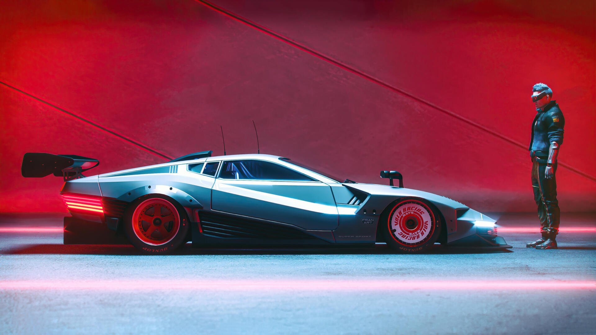 Cyberpunk 2077 5K Ultra HD PC desktop wallpaper — neon-red city glow, low-slung futuristic sports car and armored, visor-wearing figure standing beside it.