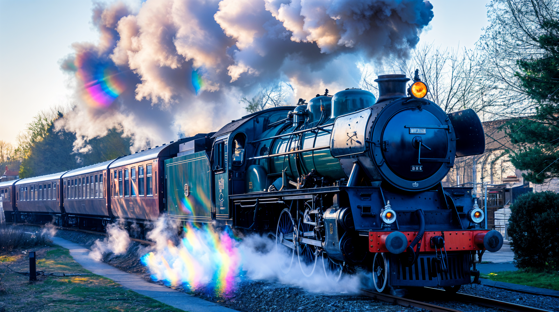 A vibrant steam train billows smoke as it journeys along the tracks, captured in stunning 4K Ultra HD, making it an eye-catching desktop wallpaper and background.