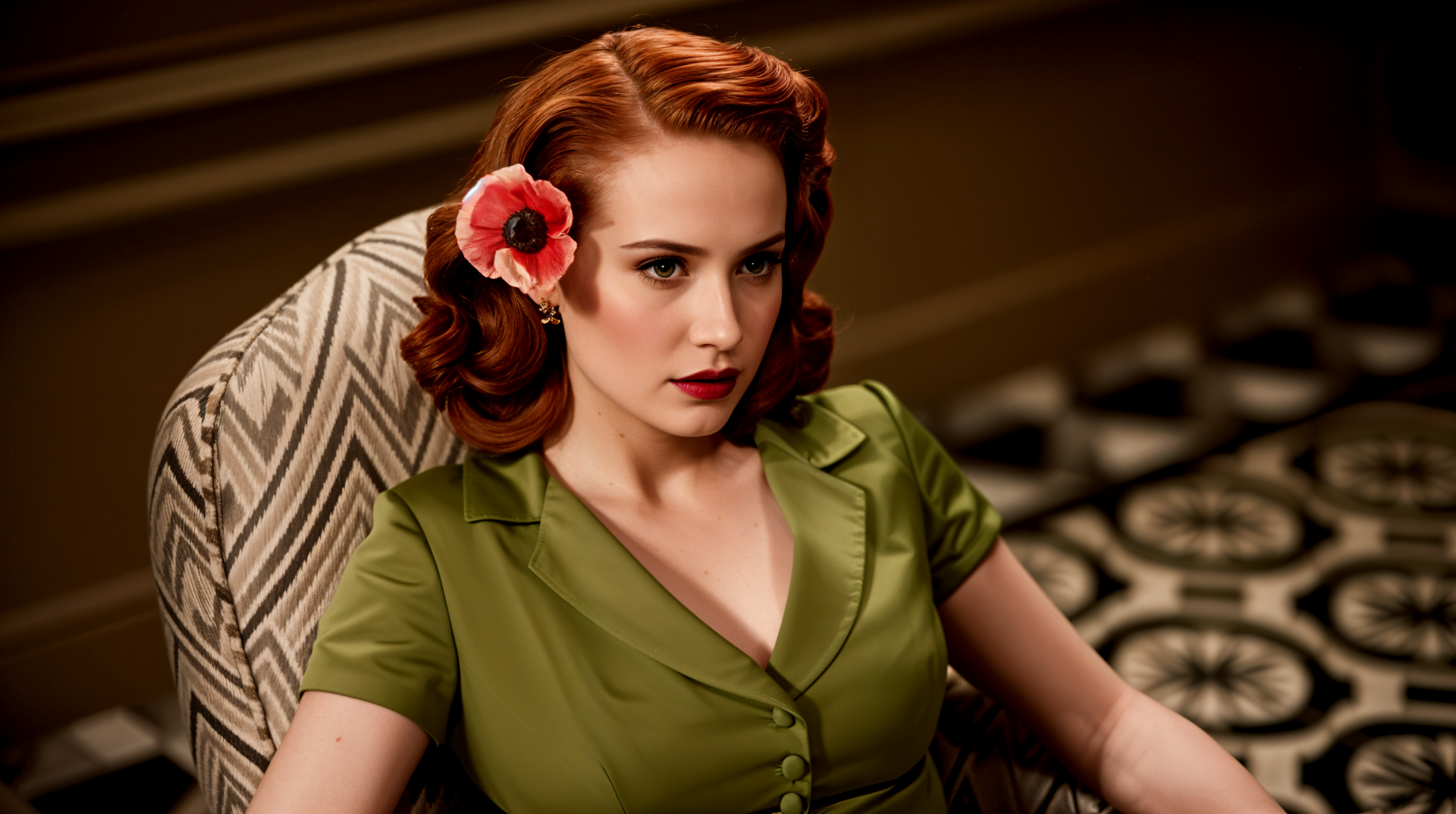 A stylish woman with red hair and a flower in her hair sits elegantly in a patterned chair, captured in a vintage-inspired 4K Ultra HD wallpaper.