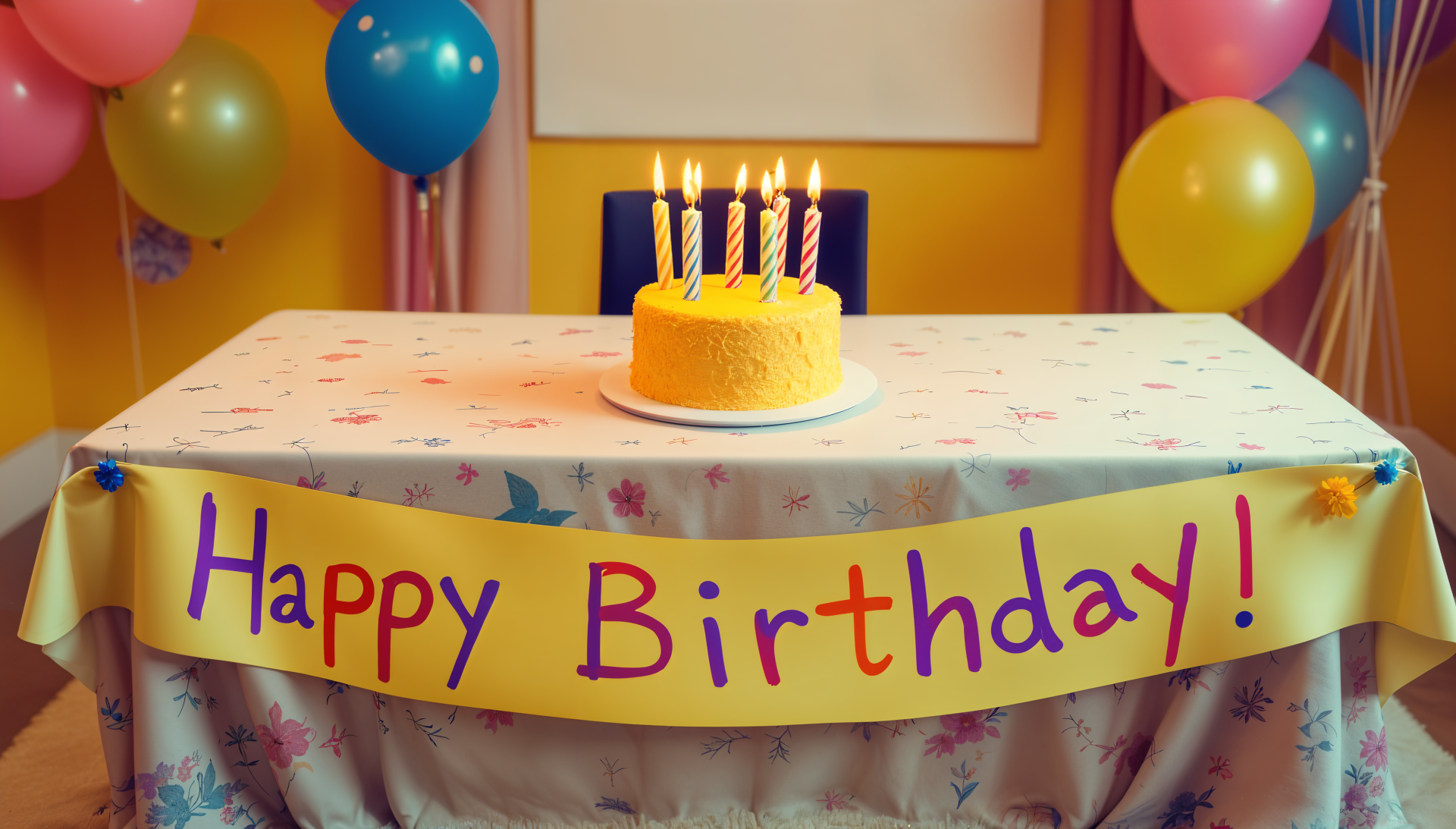 A vibrant birthday scene featuring a table adorned with a colorful Happy Birthday! banner, a yellow cake with candles, and cheerful balloons, captured in 4K Ultra HD quality.