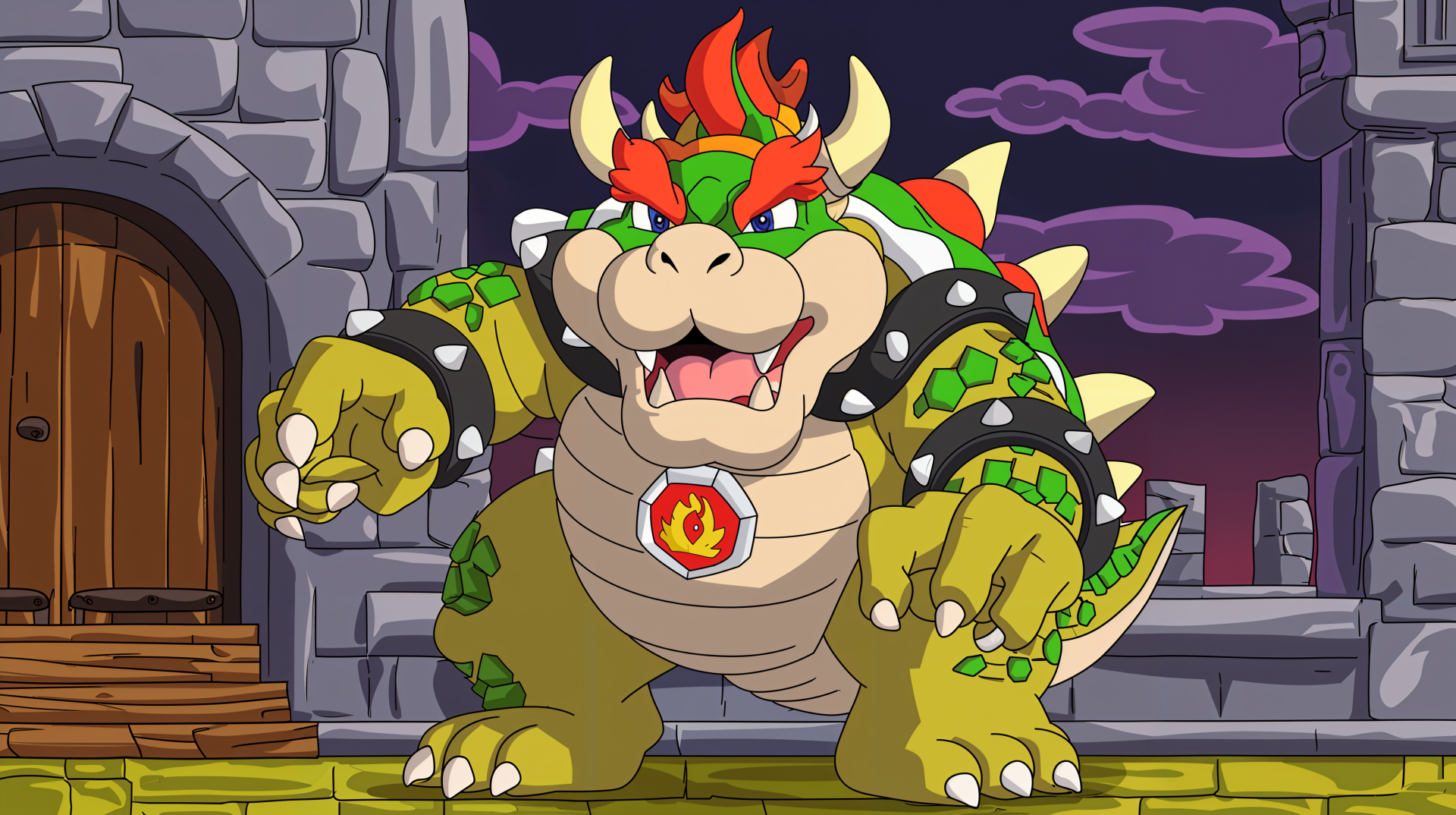 A vibrant 4K Ultra HD wallpaper featuring Bowser, the iconic video game character, displaying his fierce demeanor and colorful design against a castle backdrop.
