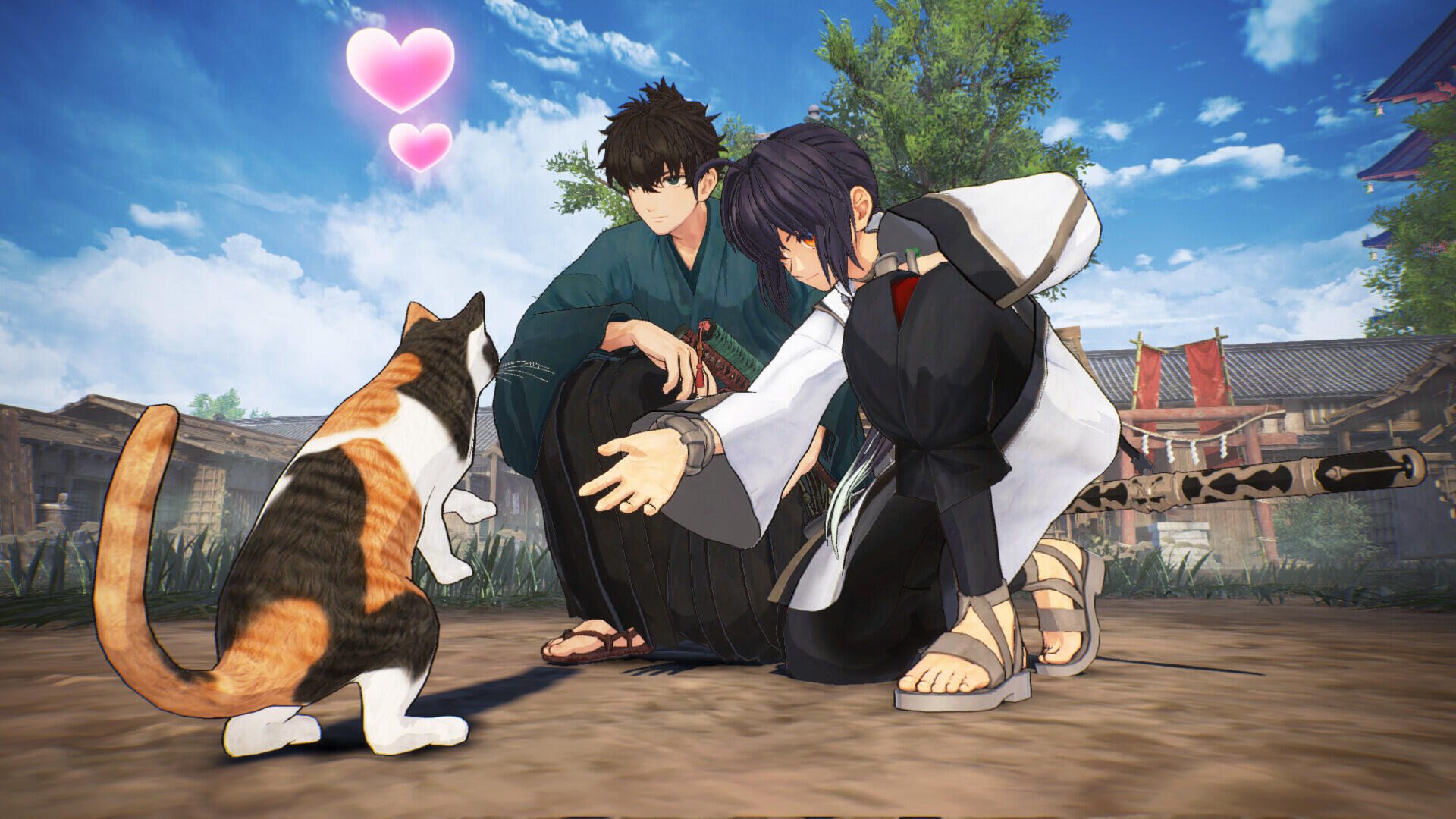 Two characters from the video game Fate/Samurai Remnant interact playfully with a cat, surrounded by a sunny, outdoor setting with hearts floating above. 