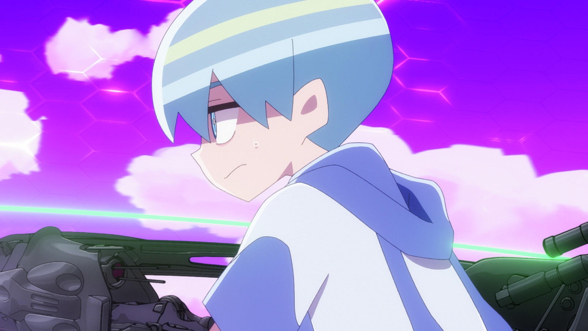 A character from the anime Aquarion: Myth of Emotions gazes thoughtfully into the distance, set against a vibrant purple background, in this HD PC desktop wallpaper.