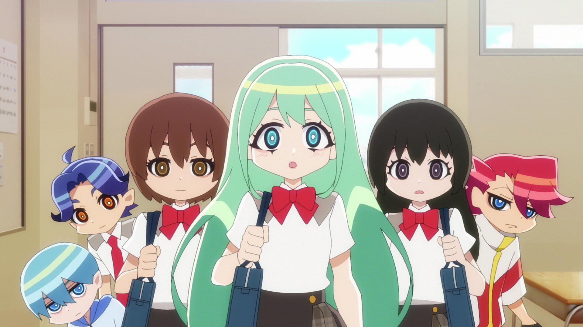 A colorful HD wallpaper featuring characters from Aquarion: Myth of Emotions, showcasing a group of students with diverse hairstyles and expressions, standing in a classroom setting.