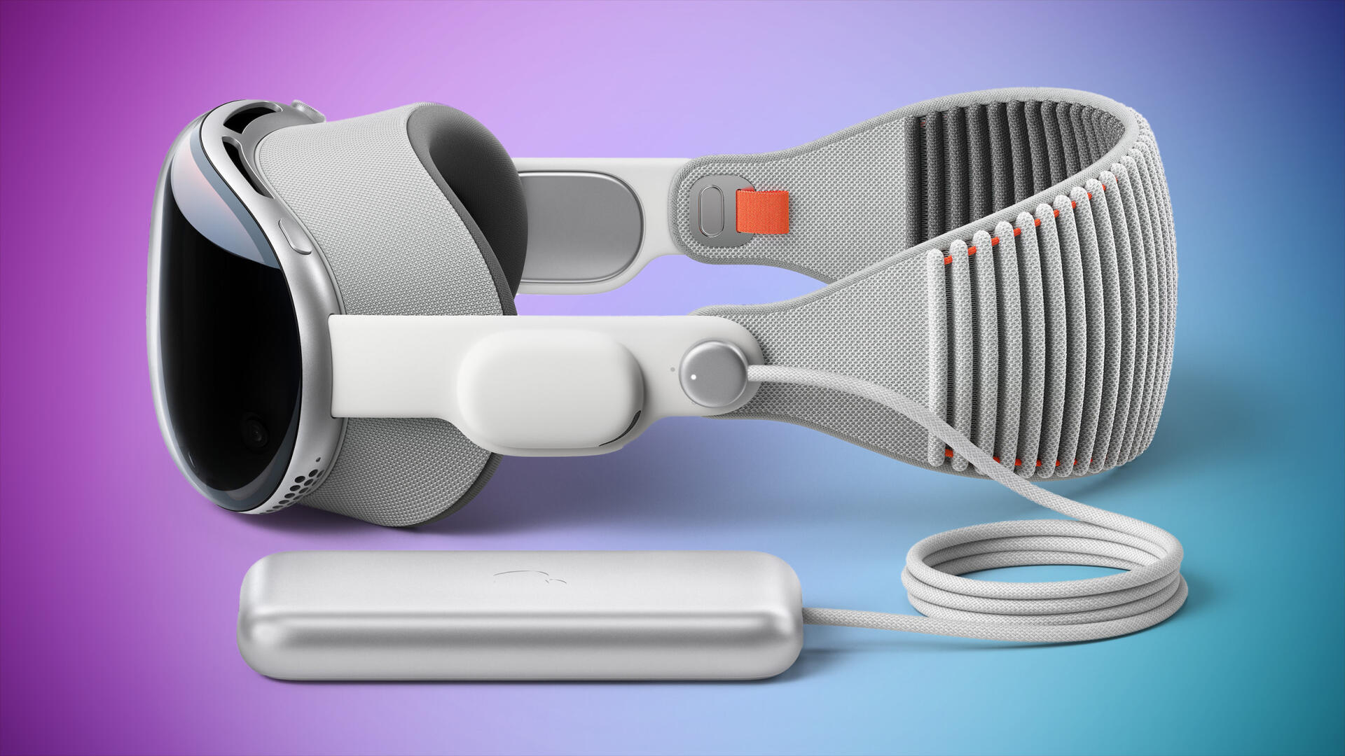 A sleek Apple Vision Pro headset rests beside a compact battery pack, showcasing innovative design against a vibrant gradient background, emphasizing Apple Inc.'s cutting-edge technology.