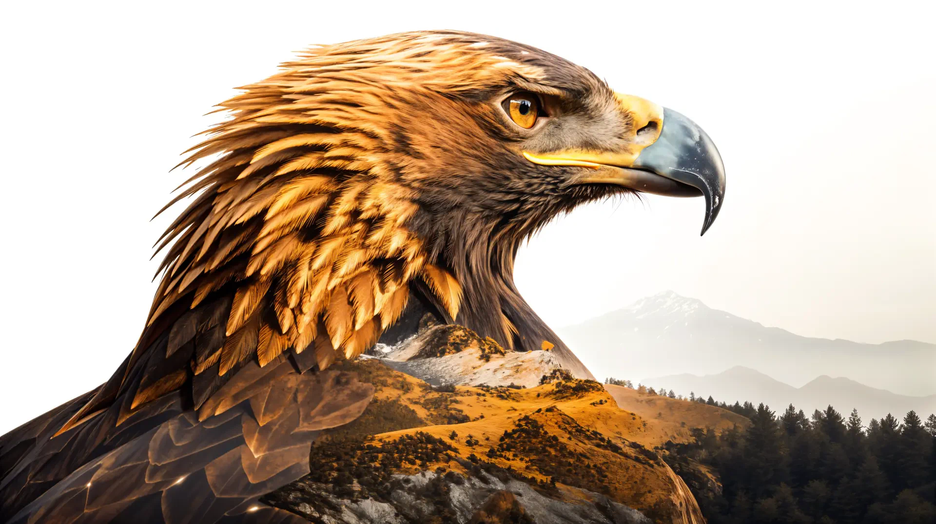 A stunning golden eagle with intricate feather details, set against a natural landscape, designed as a 4K Ultra HD PC desktop wallpaper and background.
