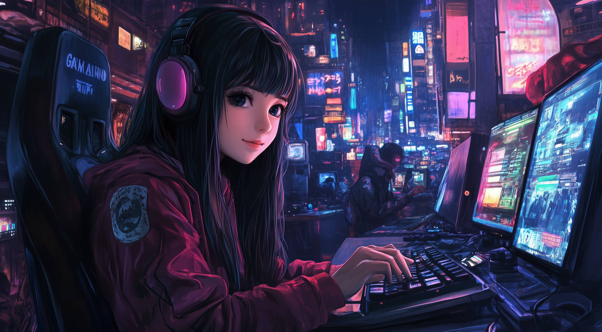 A futuristic anime girl with headphones types at her keyboard, surrounded by vibrant neon lights typical of a cyberpunk city, creating an immersive lofi atmosphere in this HD wallpaper.