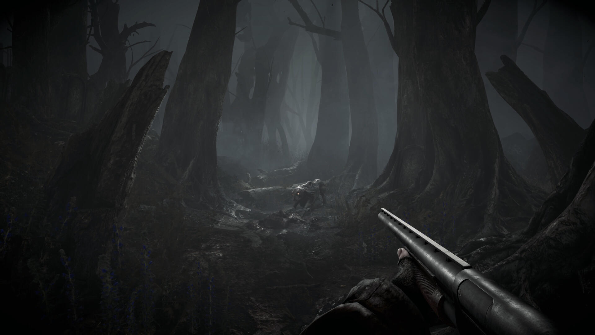Dark, eerie forest scene from the video game Total Chaos, presented as a 4K Ultra HD PC desktop wallpaper featuring a first-person shotgun view.