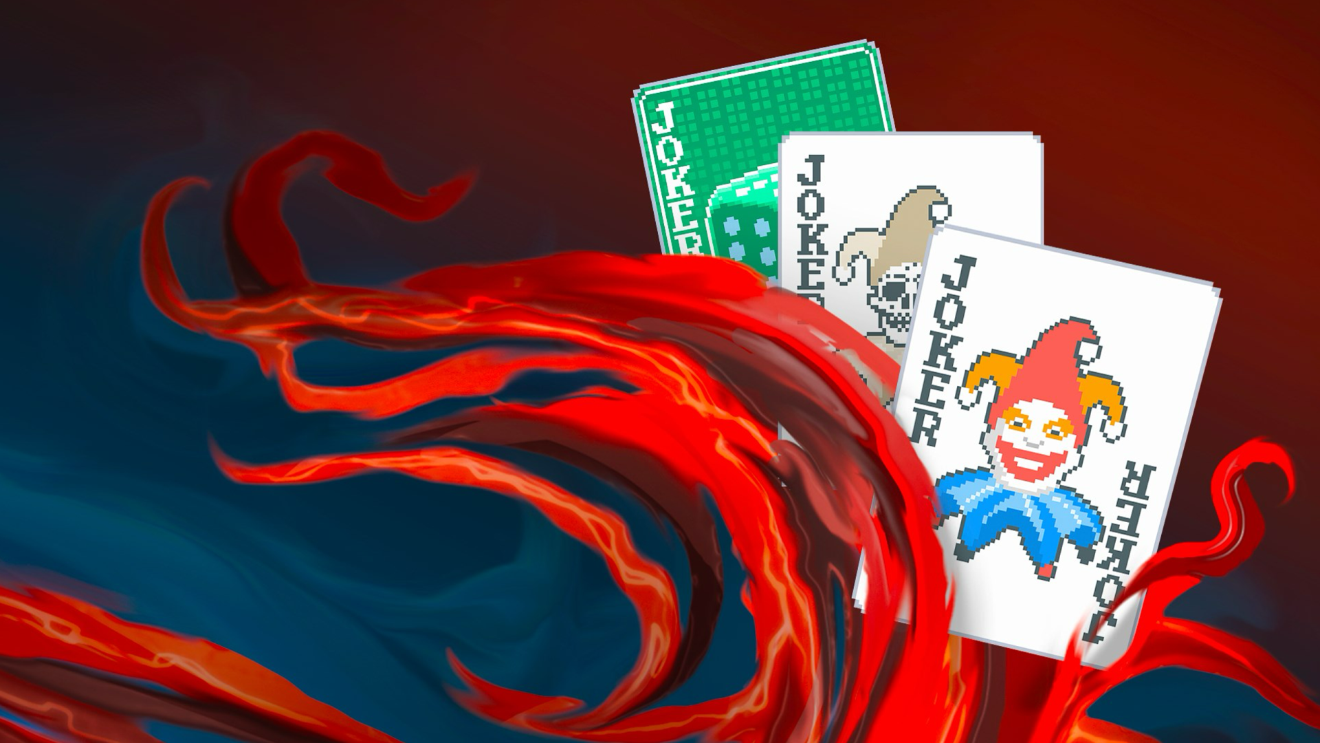 A vibrant HD PC desktop wallpaper featuring the video game Balatro, showcasing playing cards with whimsical joker designs against a dynamic red and blue background.