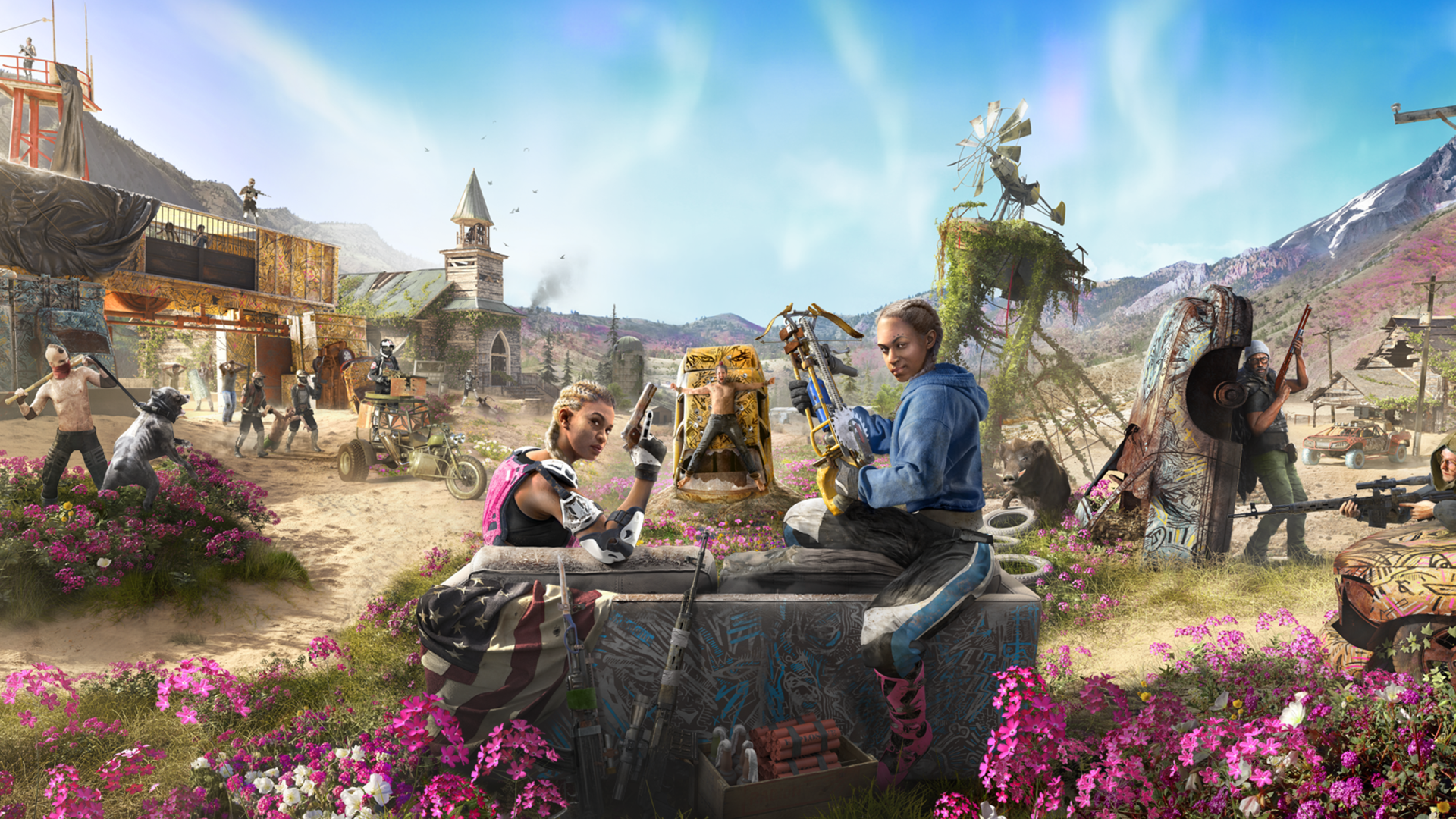 A vibrant HD wallpaper from Far Cry New Dawn, showcasing characters amidst a post-apocalyptic landscape filled with flowers and ruins, capturing the essence of adventure and survival.